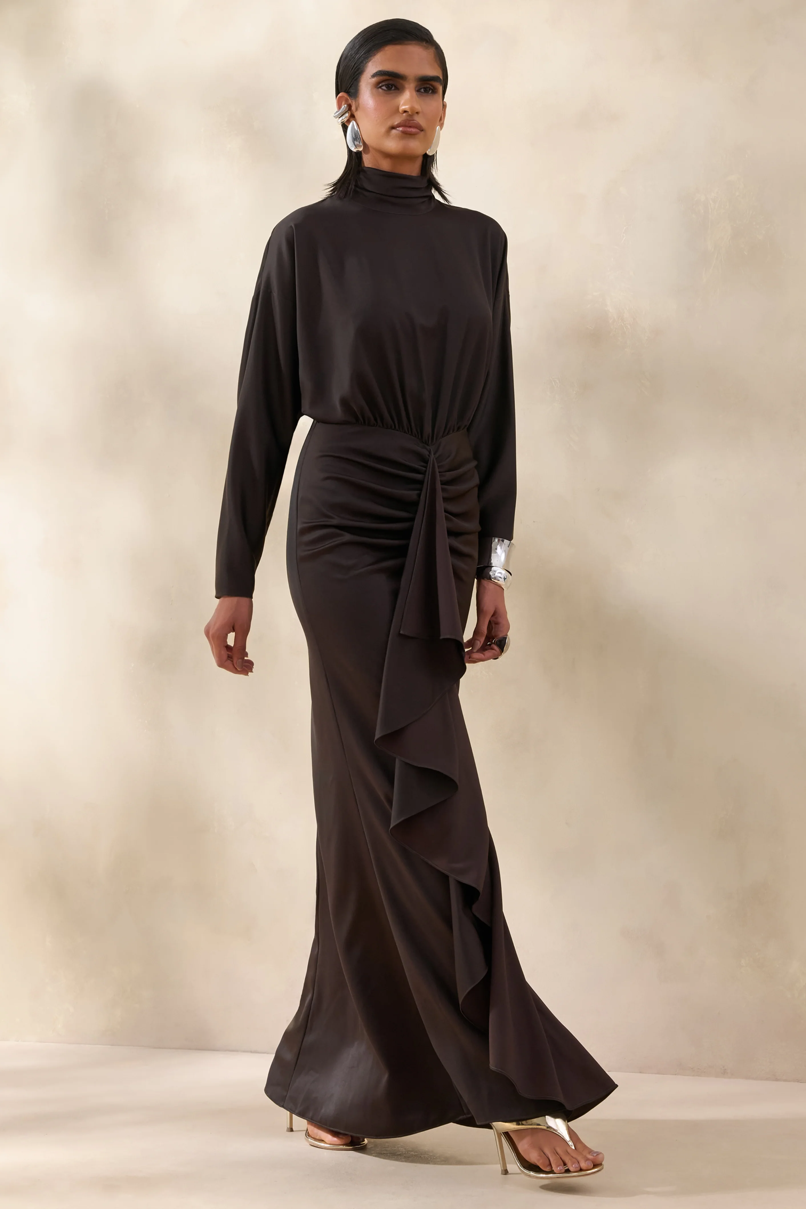 Perla | Dark Brown High-Neck Maxi Dress With Gathered-Detailing