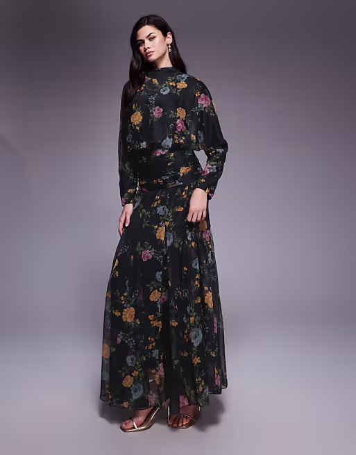chiffon shirred waist panel godet maxi dress in black floral