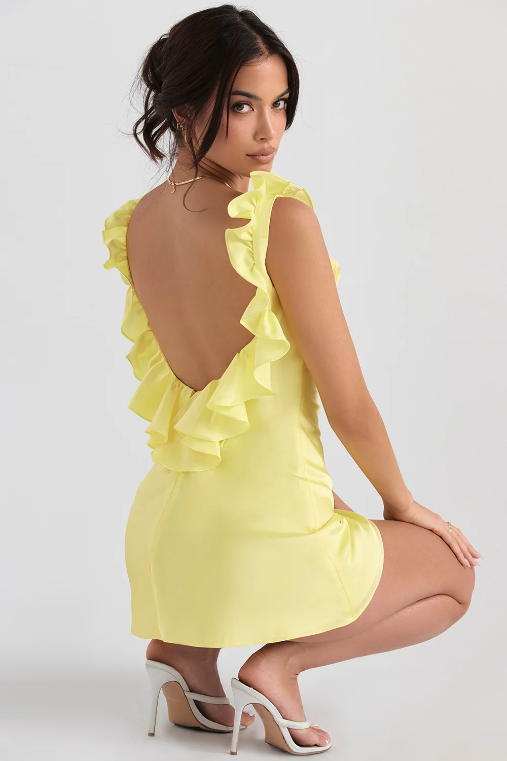 buttercup satin ruffle mini dress