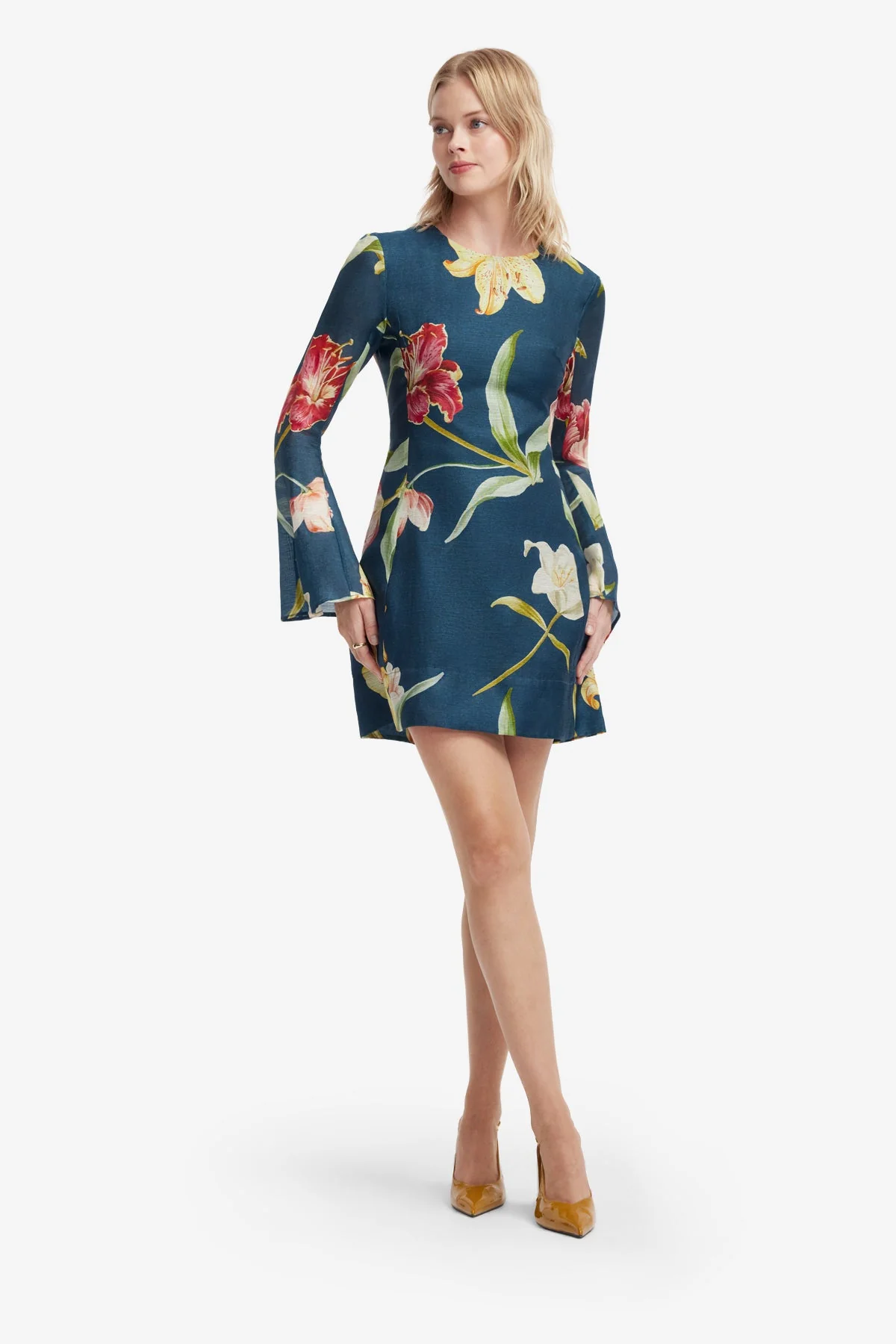 Suzanne Bell Sleeve Mini Dress - Lily Print in Indigo