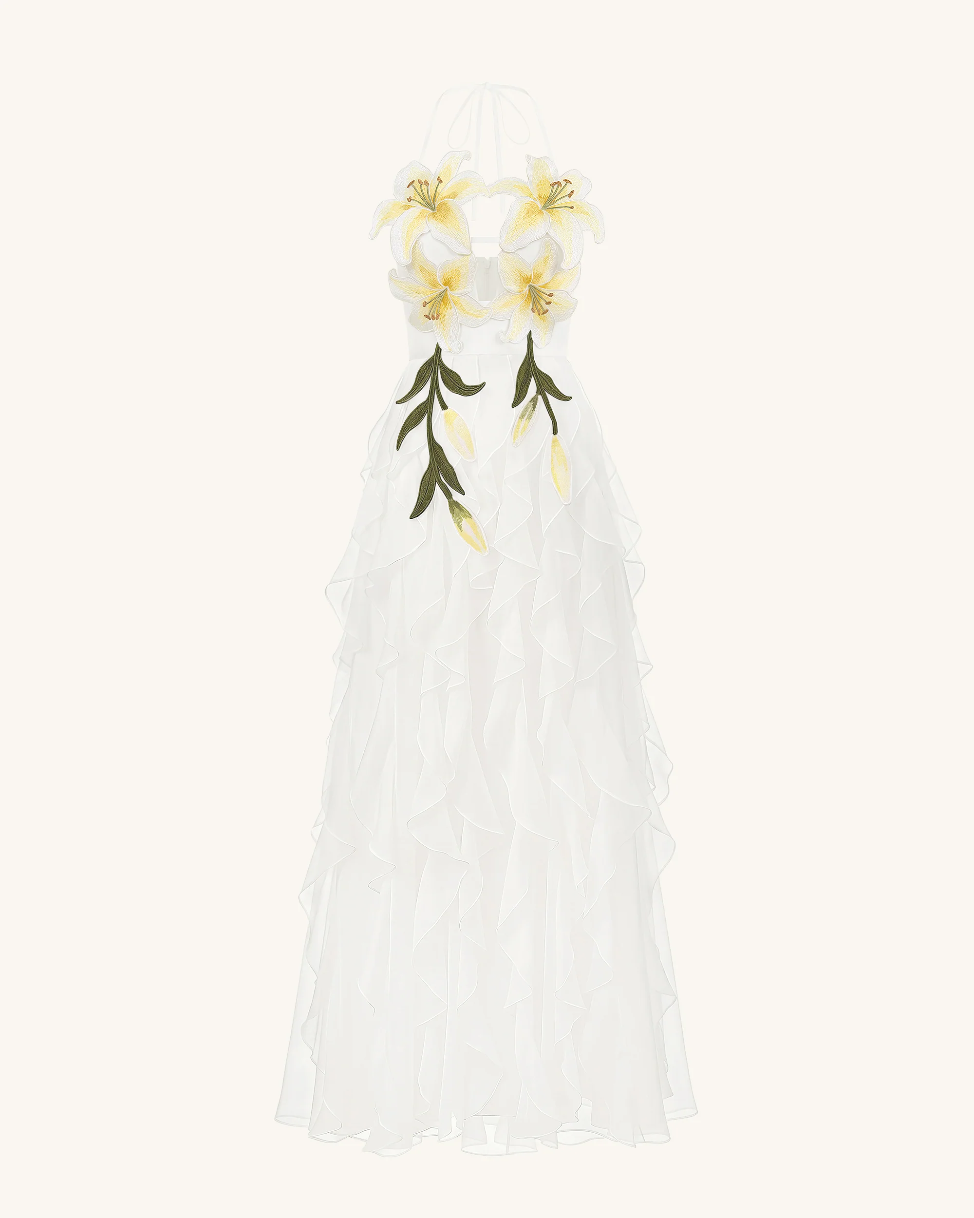 Lily-Embroidered Embroidered Halter Tiered Maxi Dress - White - FASHION NOB