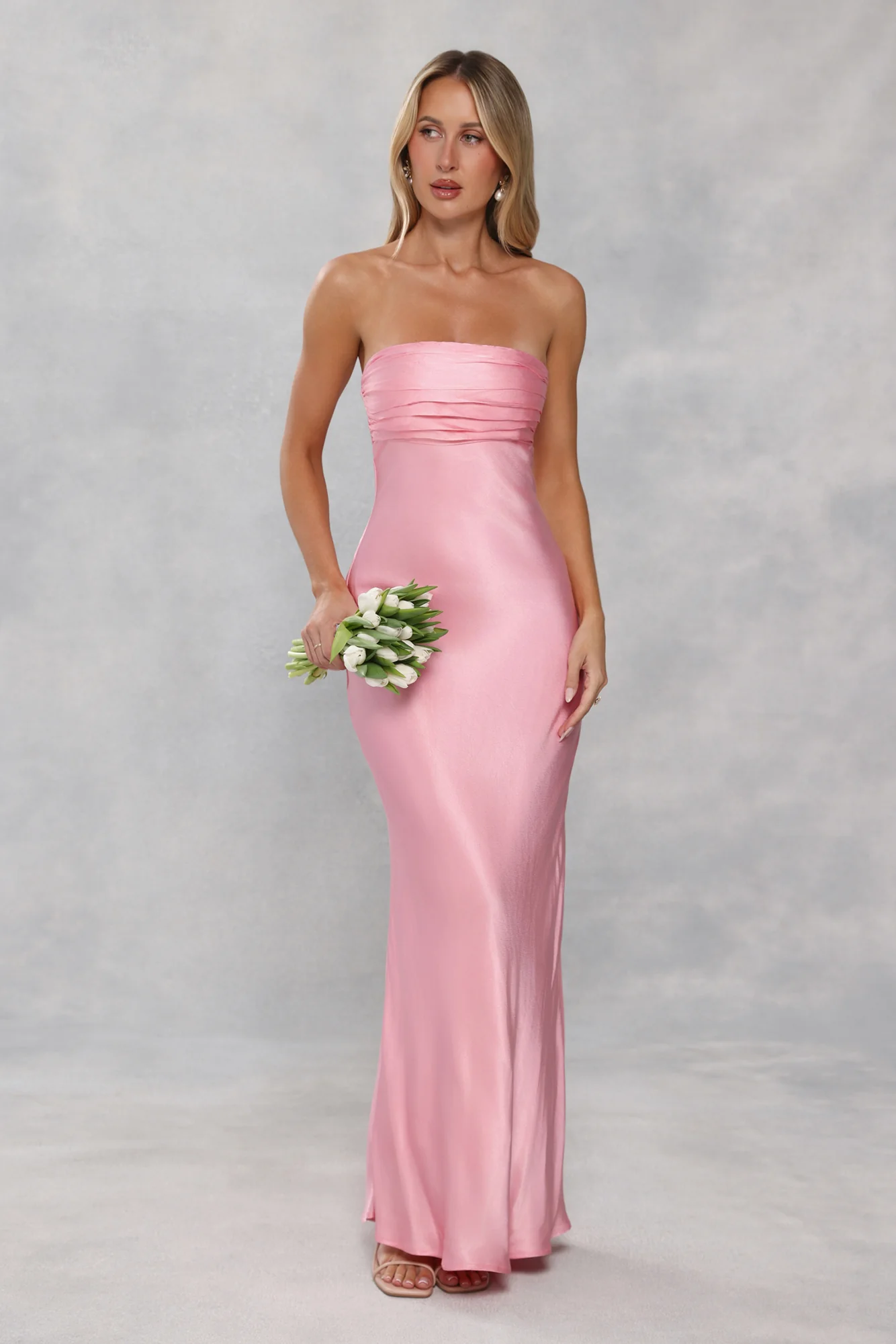 The Seraphina Strapless Satin Maxi Dress Candy Pink