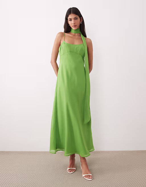 midi slip dress with scarf in green