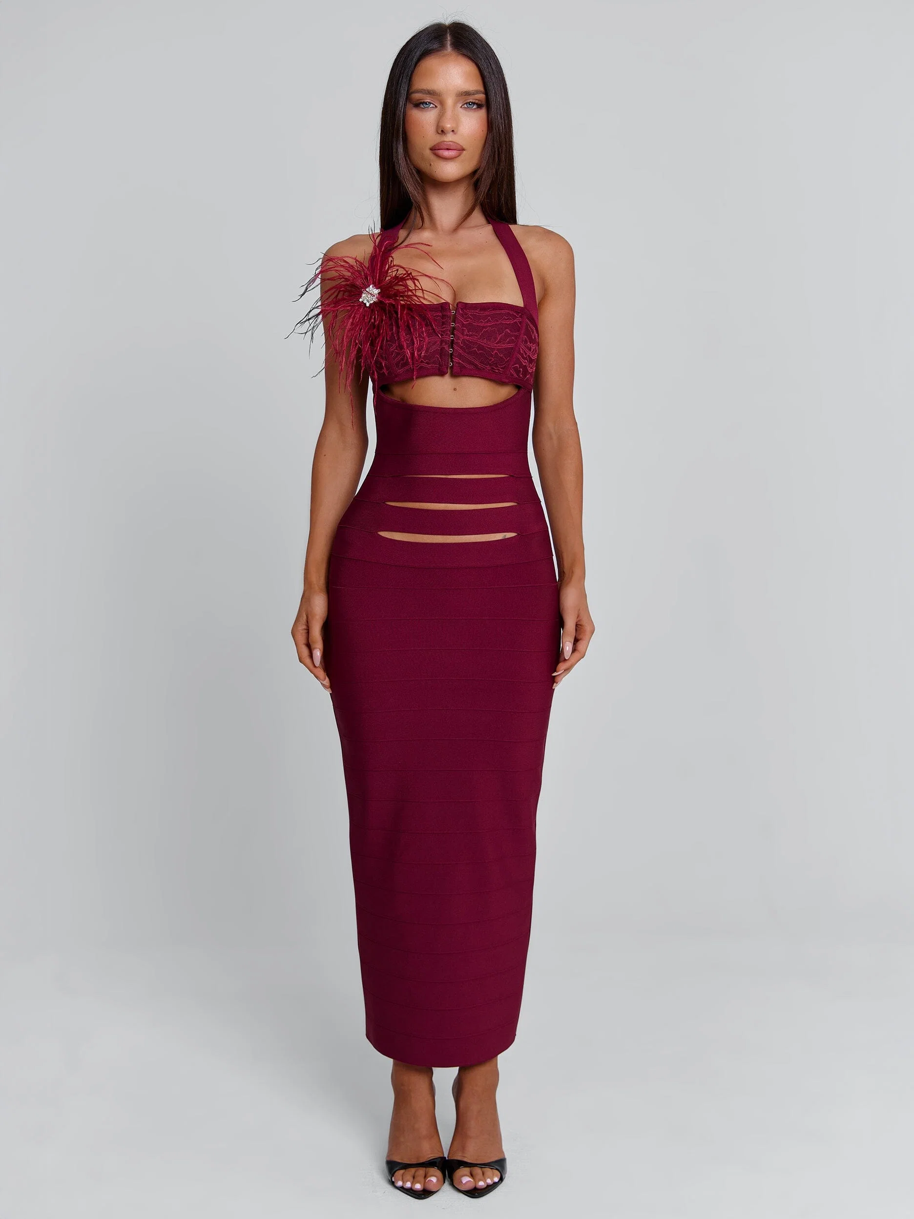 LUNABELLE MIDI DRESS BURGUNDY
