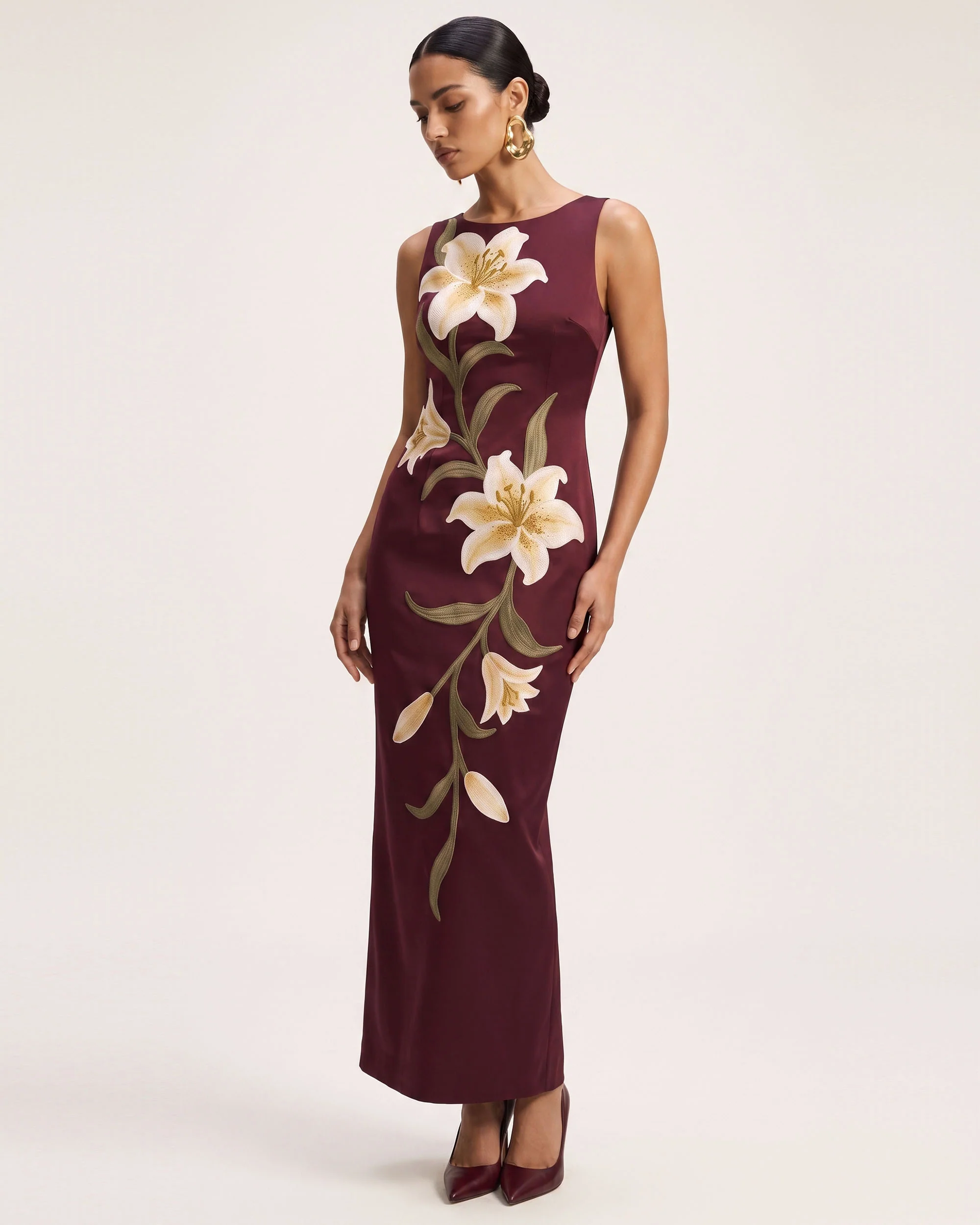 Lily Floral Print Sleeveless Column Maxi Dress - Burgundy - FASHION NOB