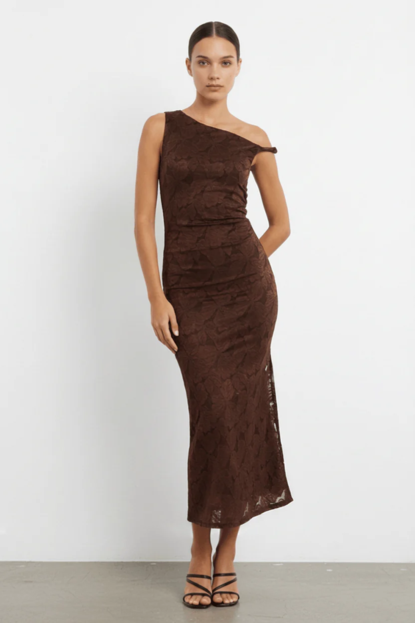 Brown Off Shoulder Midi Dress