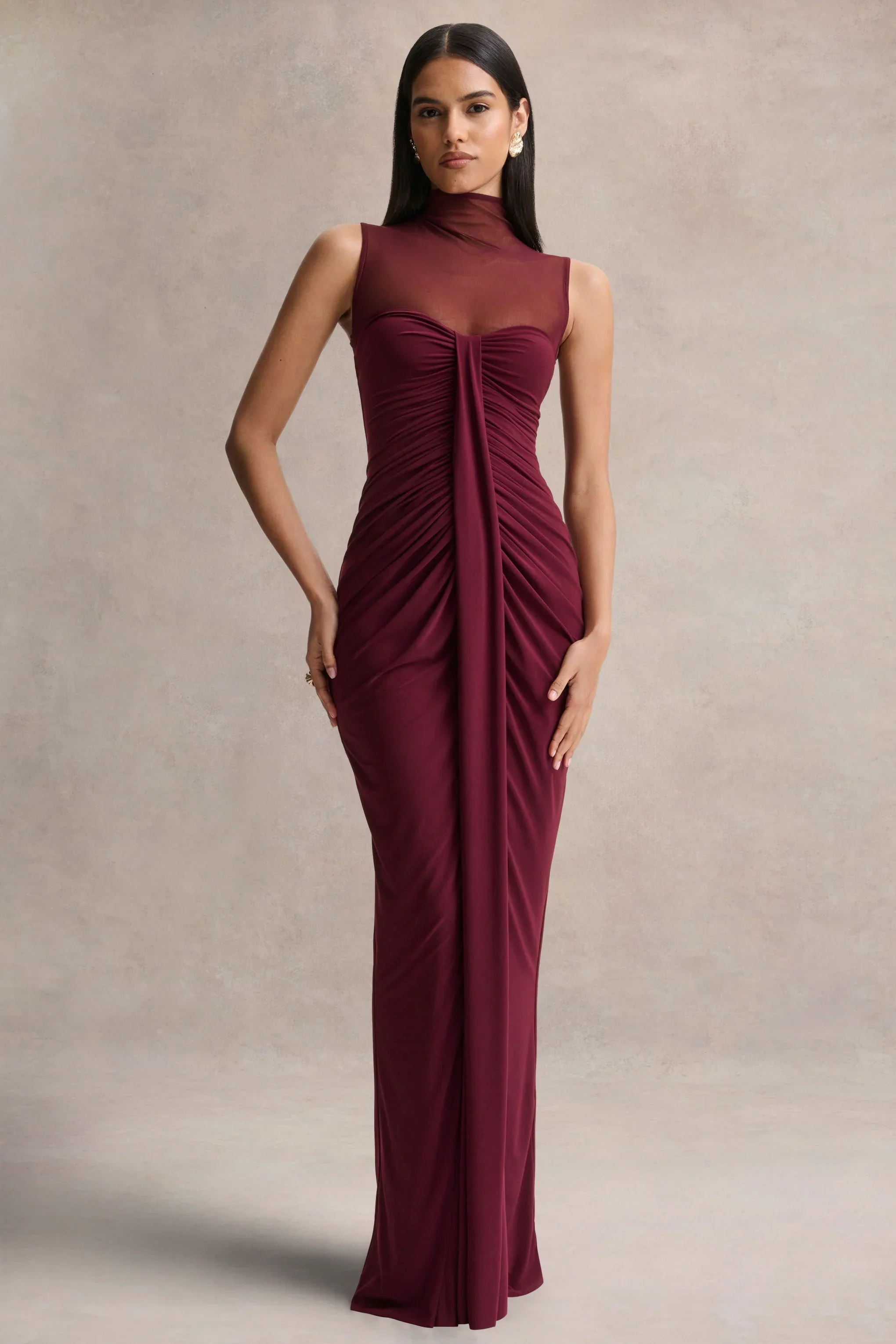 Brialle | Burgundy High-Neck Maxi Dress With Mesh And Gathered-Detailing