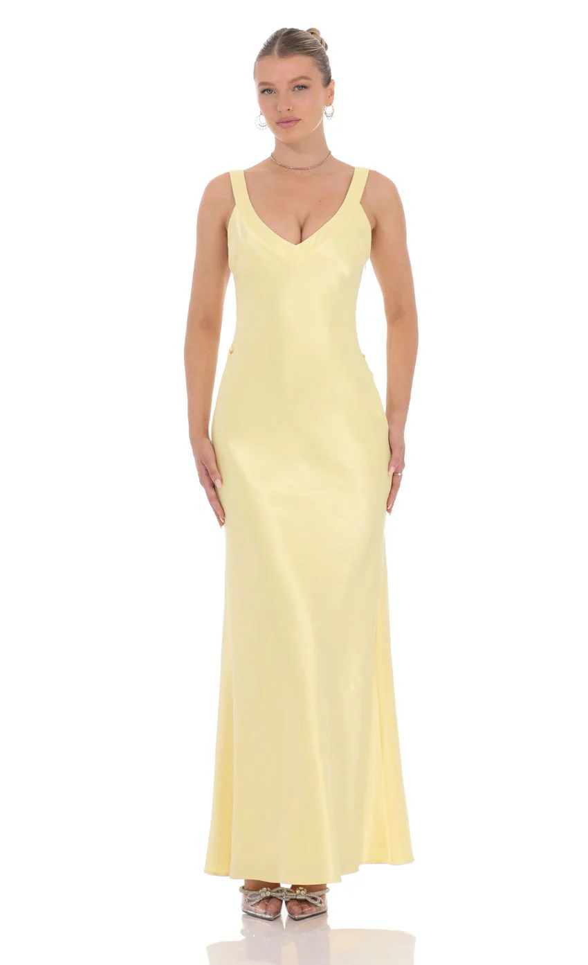 Satin Open Back Maxi Dress in Yellow - luluinthesky