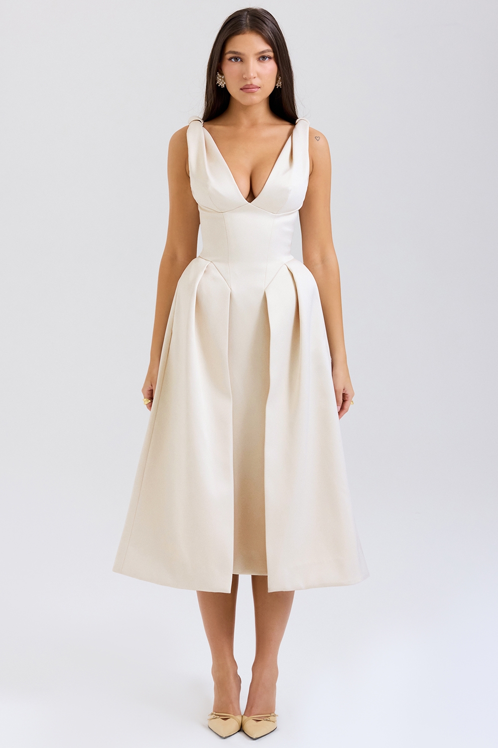Vintage Cream Satin Pleated Midi Dress
