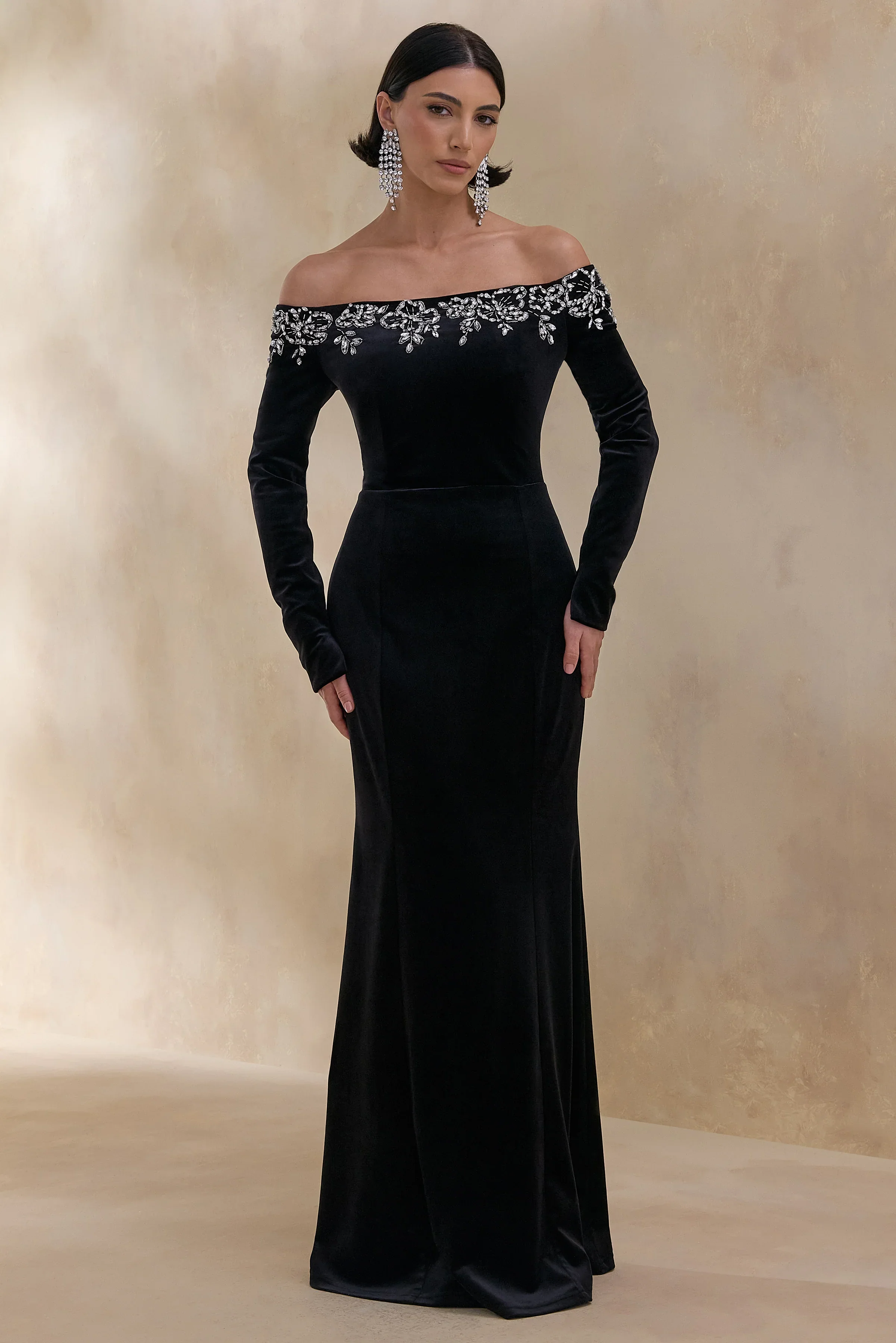 Fern | Black Velvet Embellished Bardot-Neck Maxi Dress