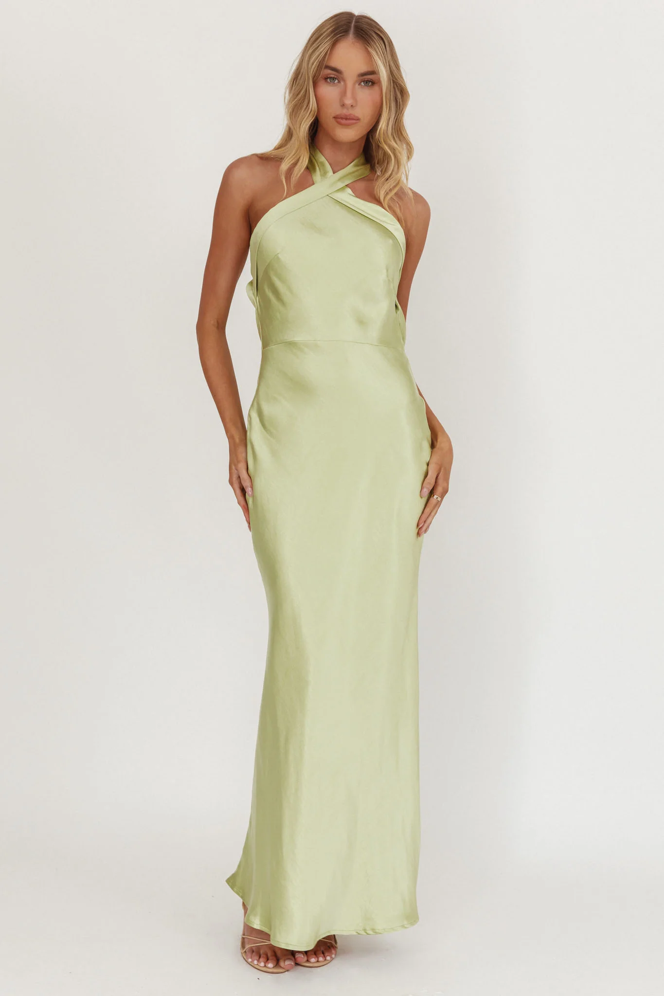 Italia Azure Crossover Halterneck Maxi Dress Pistachio