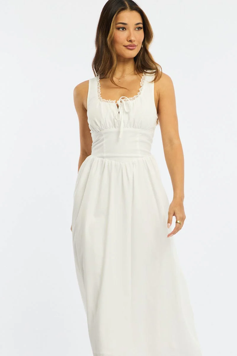 White Midi Dress Gathering Bust