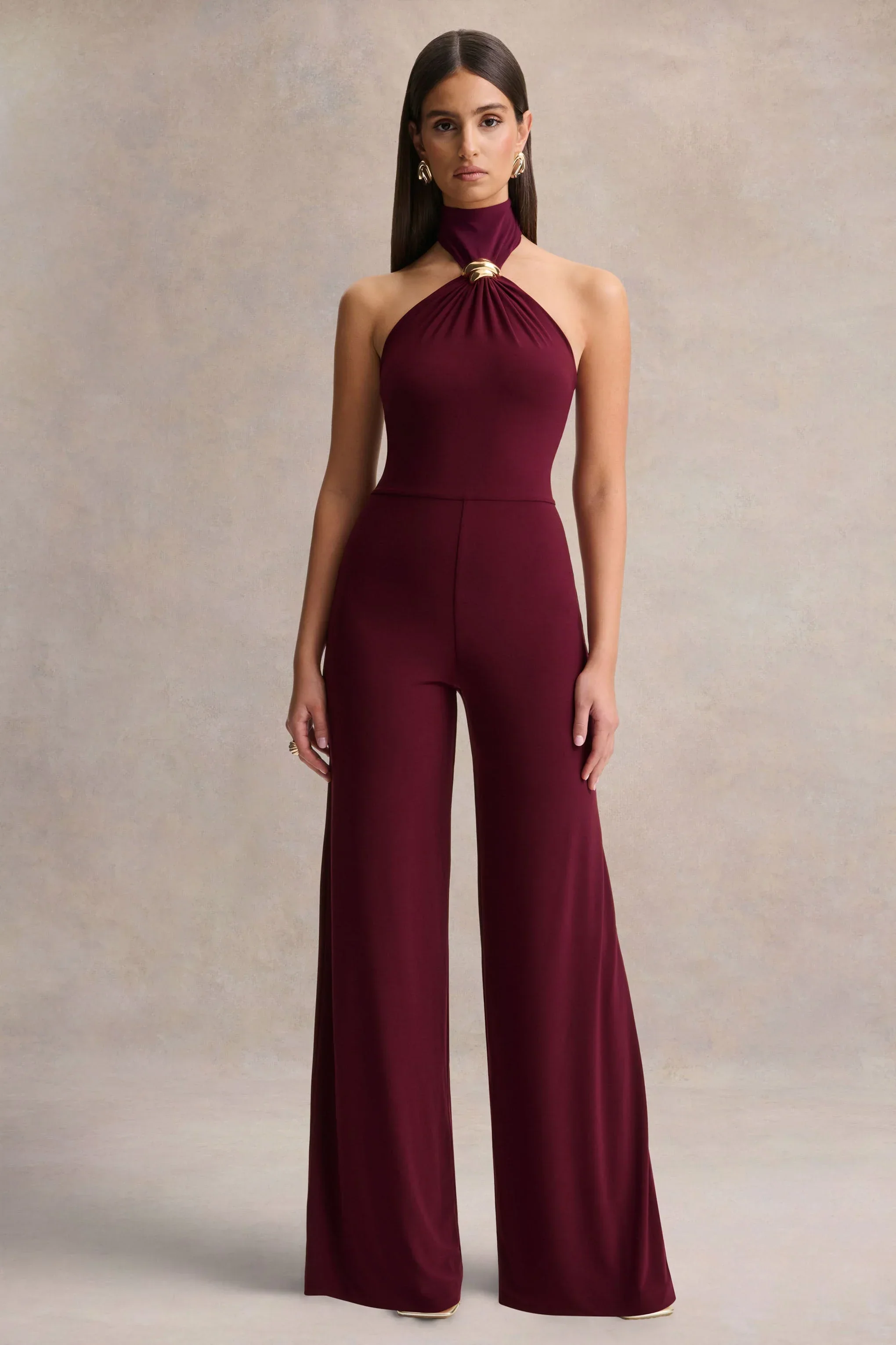 Gwen | Burgundy High-Neck Jumpsuit With Gold-Detail