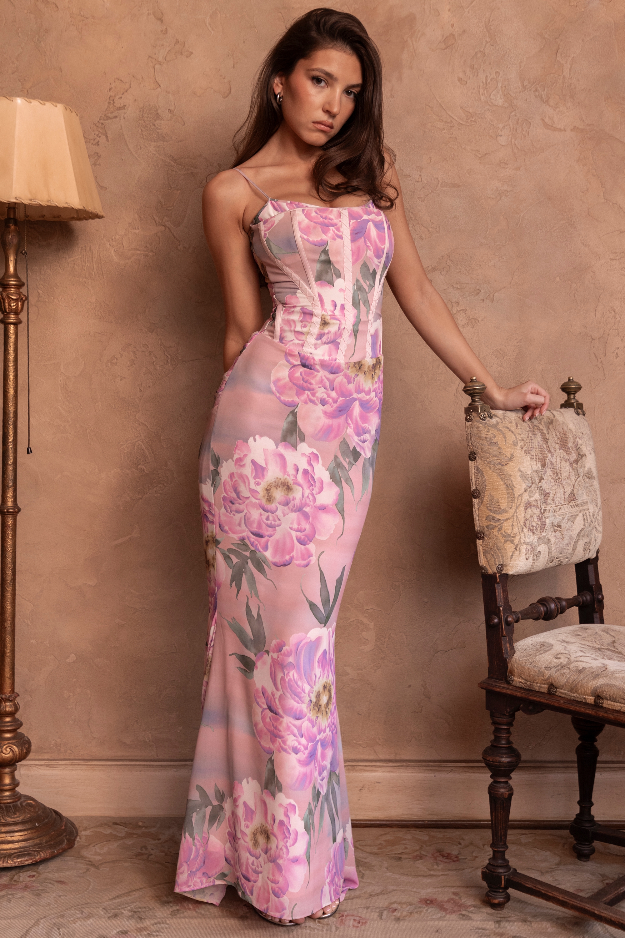 pink floral corset maxi dress