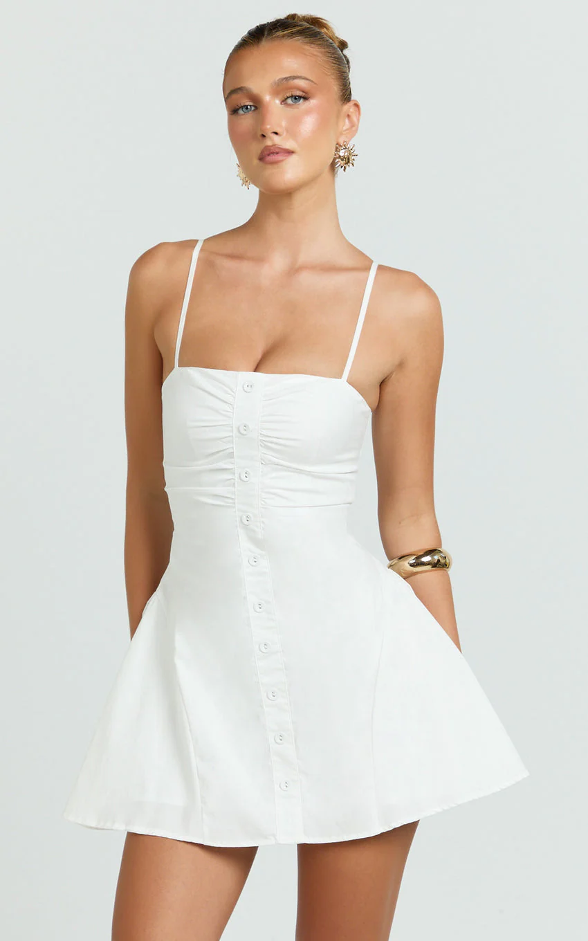 Monet Mini Dress - Button Down Ruched Front Fit And Flare Dress in Off White - luluinthesky