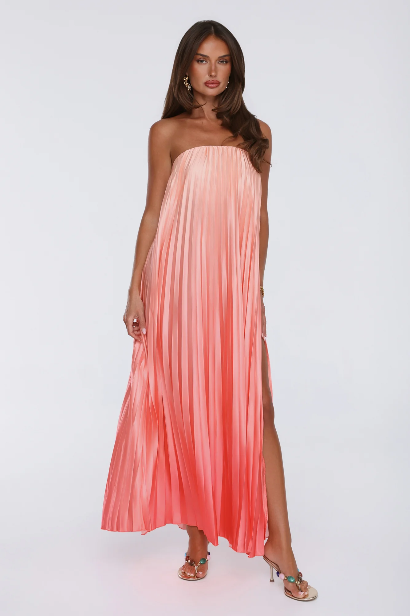 Warm Wishes Strapless Satin Pleated Maxi Dress Peach