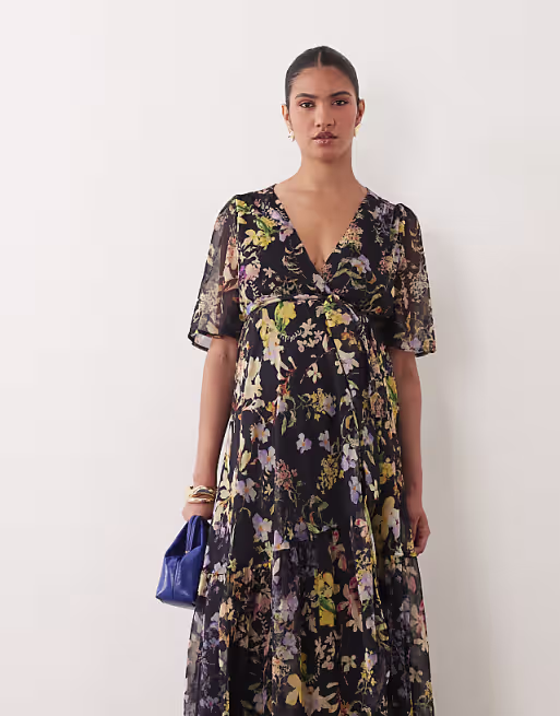 Hope & Ivy Maternity flutter sleeve wrap maxi dress in navy floral
