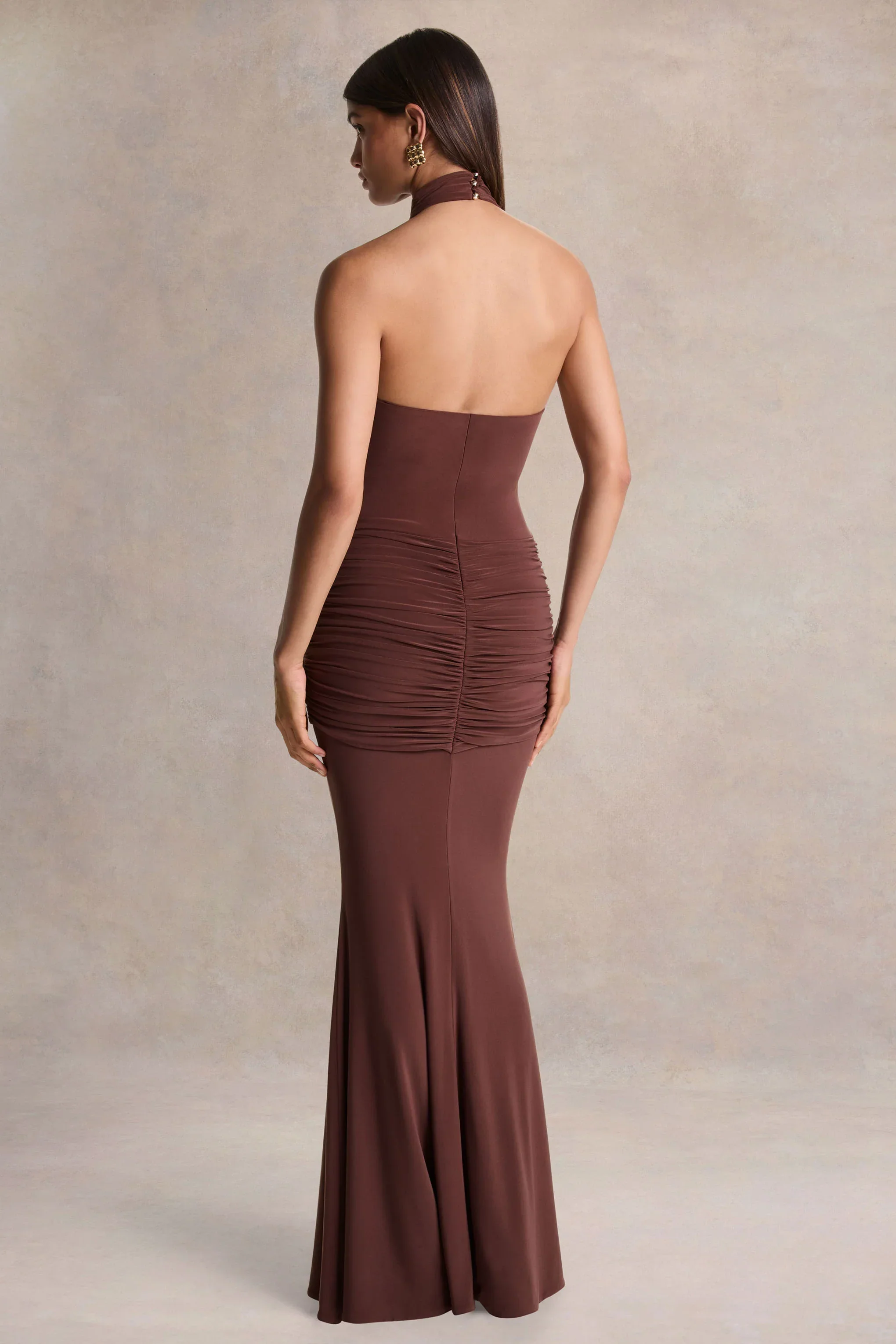 Hyla | Brown High-Neck Maxi Dress With Sash-Detail