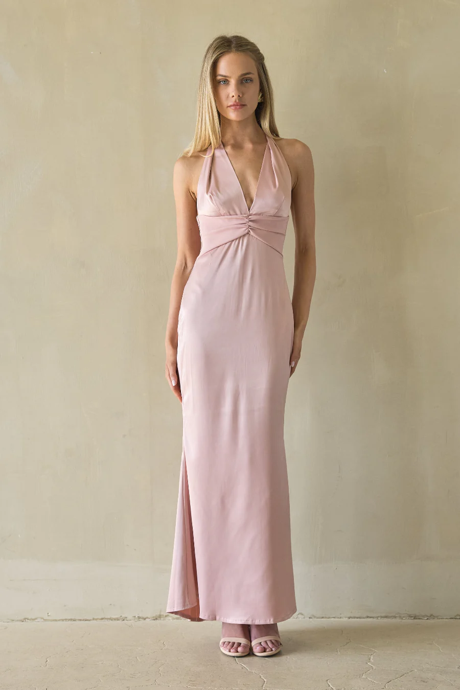 Sage Satin Halter Maxi Dress