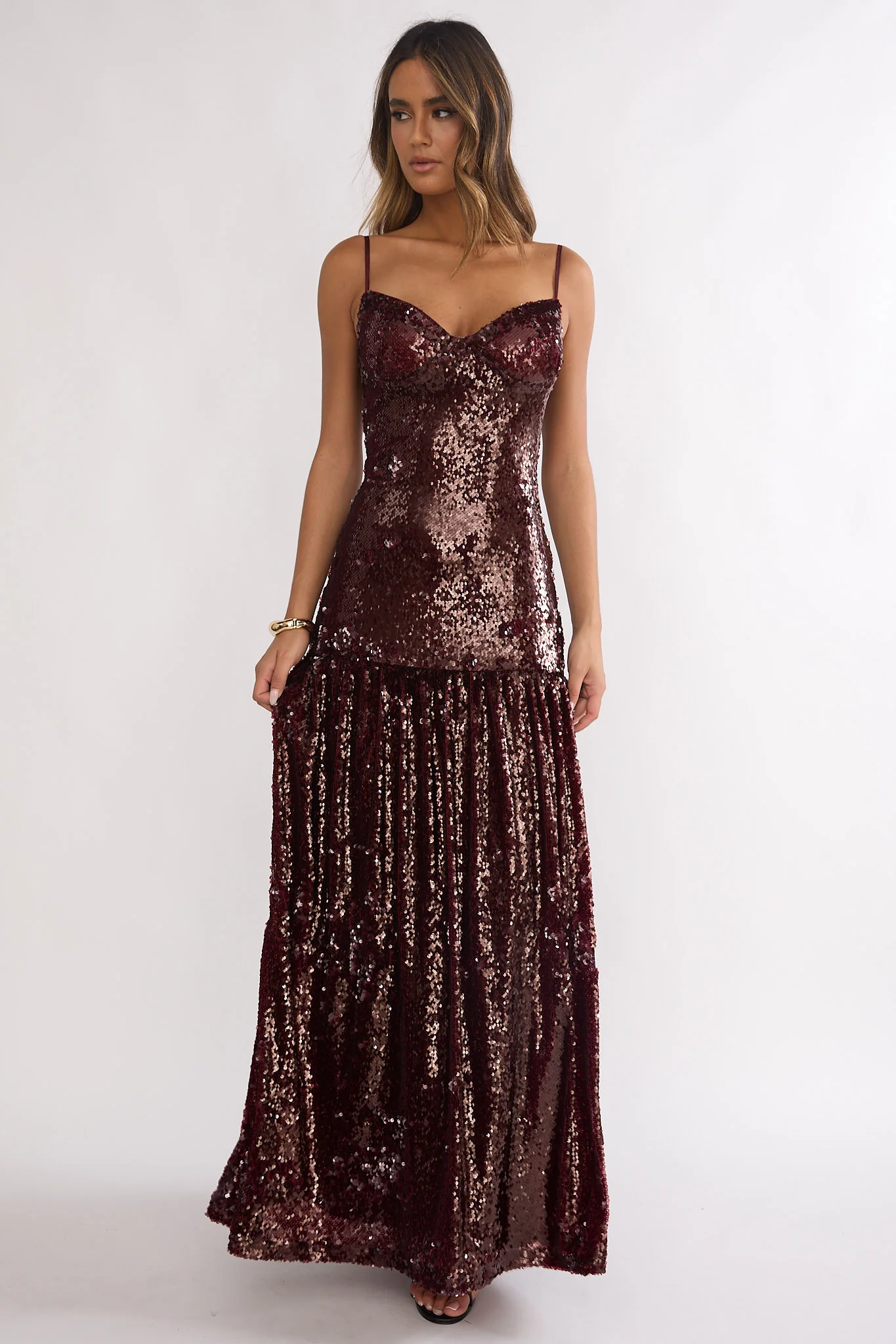 Miller Drop Waist Sequin Maxi Dress Burgundy - luluinthesky