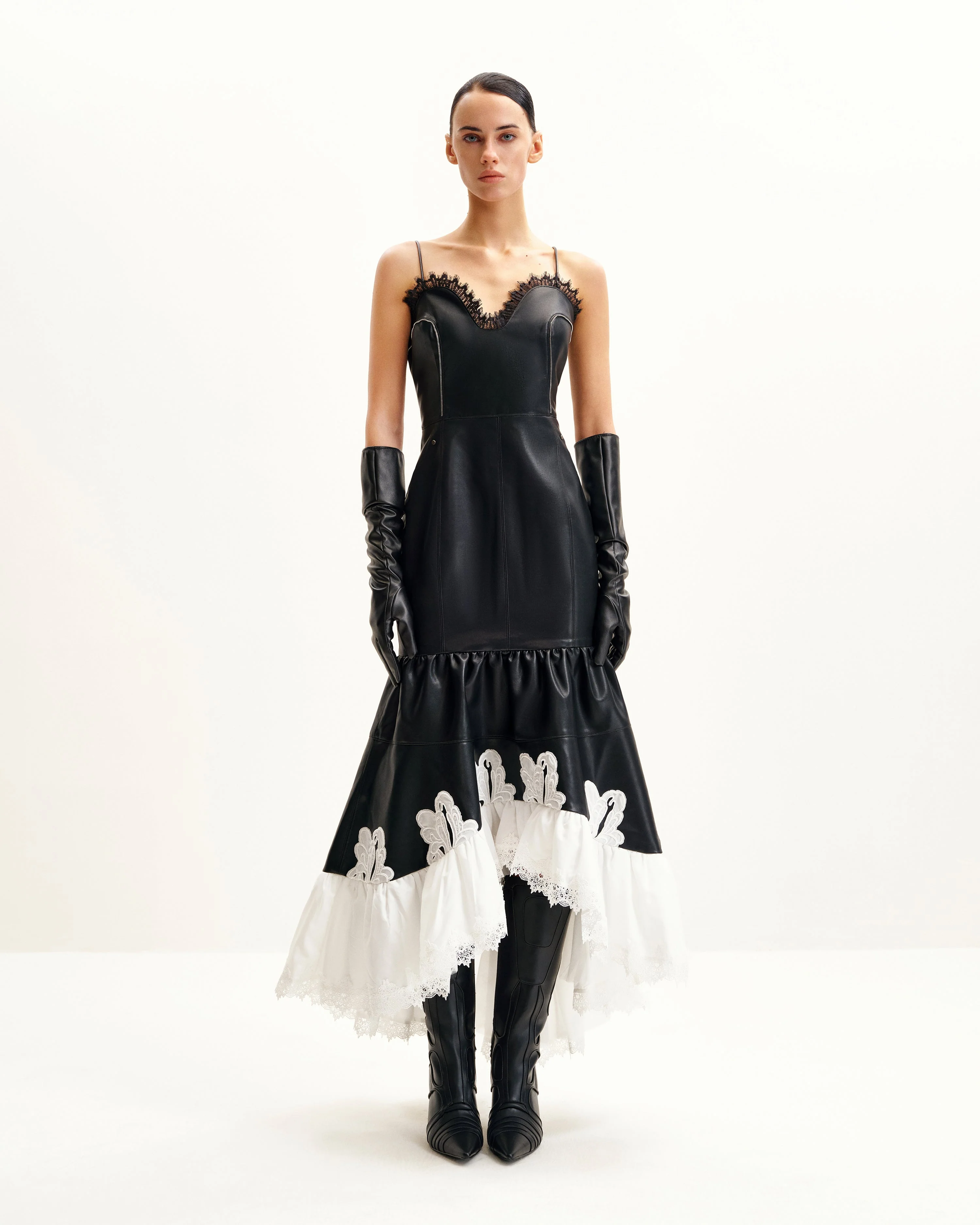 Zora Lace Trim Leather Dress - Black