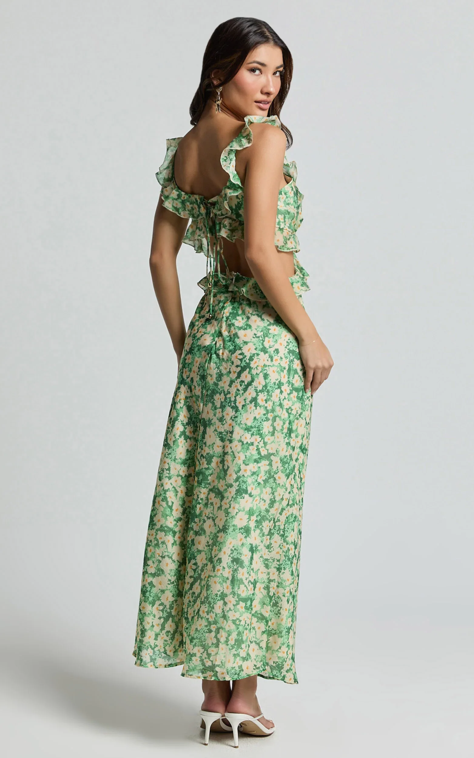Dahlia Midi Dress - Ruffle Details Slip Dress in Green Floral
