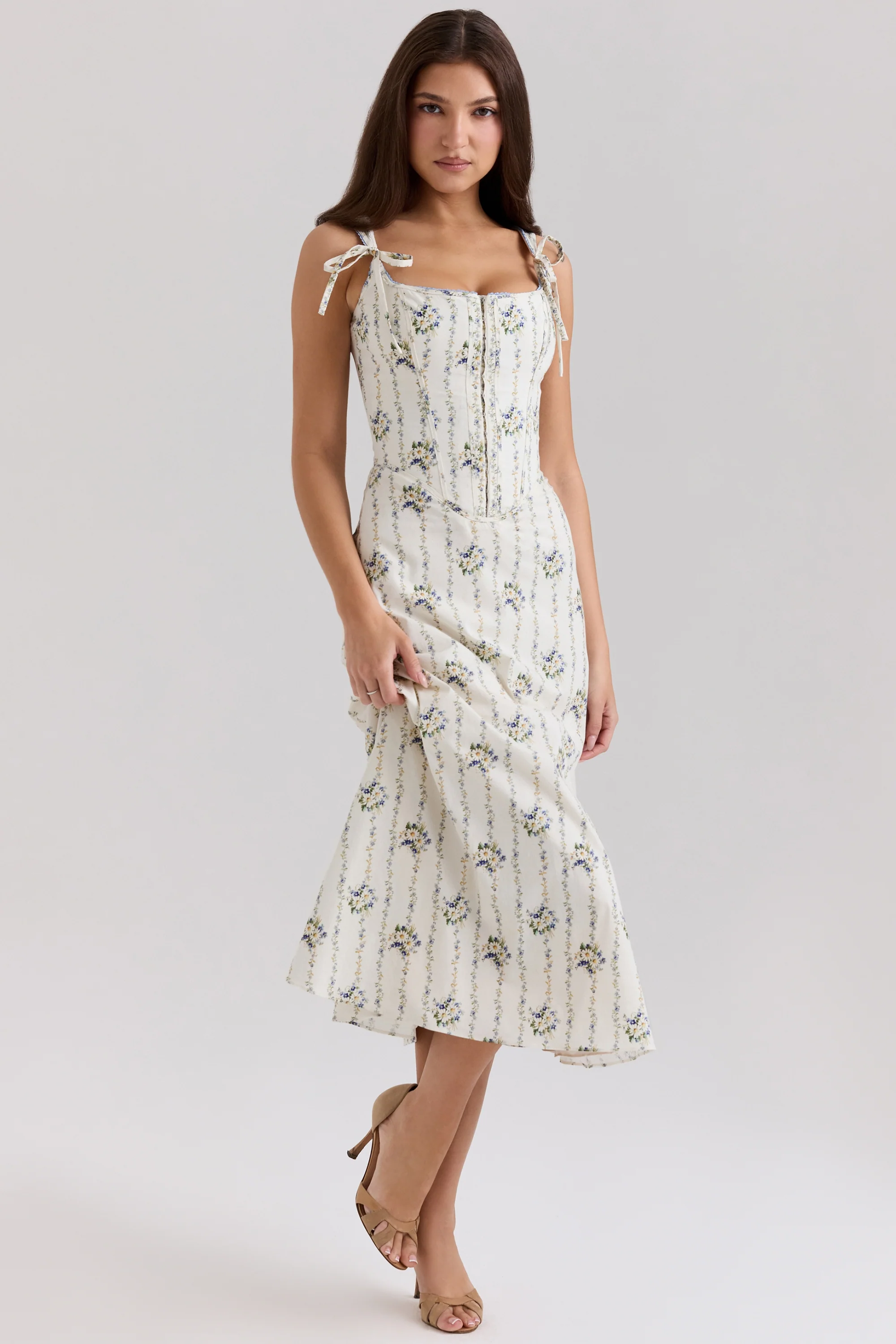 cream daisy print stretch cotton midi dress