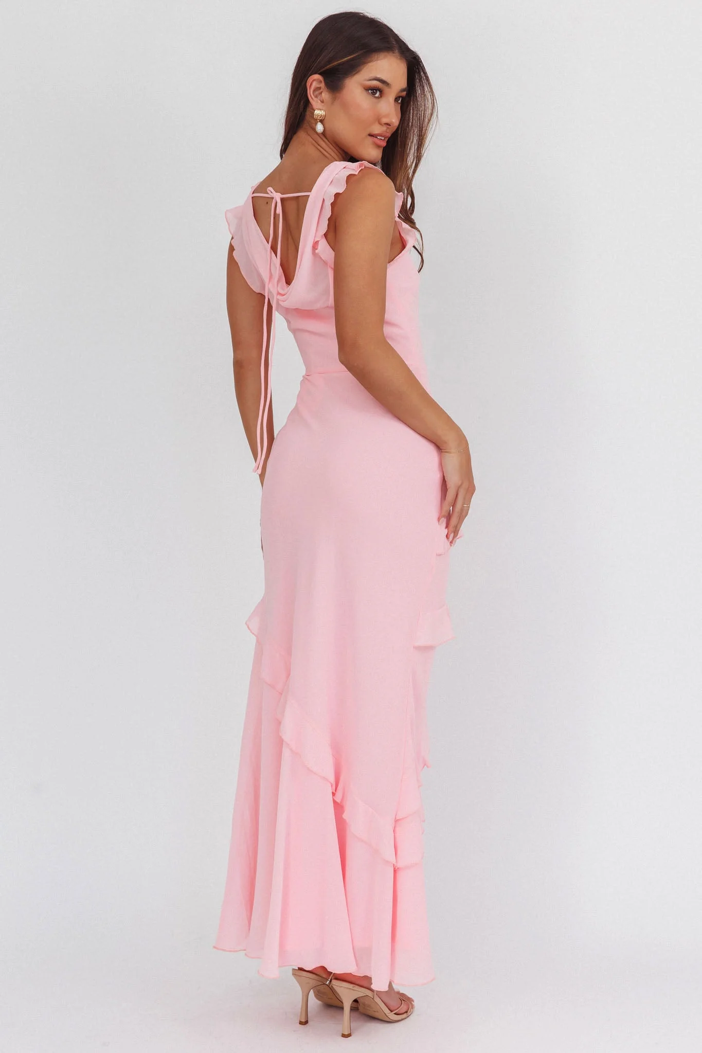 Sangria Cowl Neck Frill Maxi Dress Skin Powder - luluinthesky