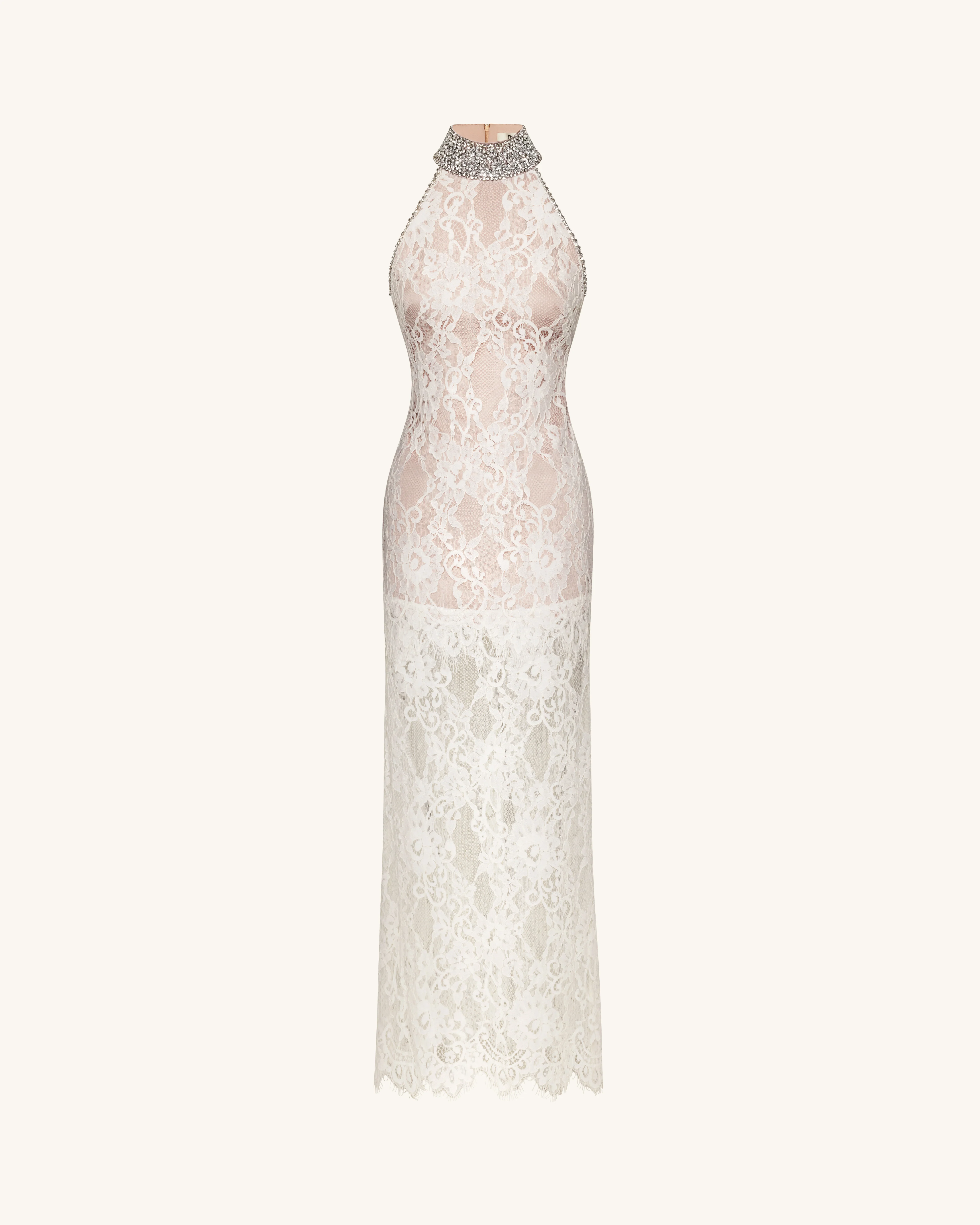 Jeweled Lace Halter Dress - White - FASHION NOB