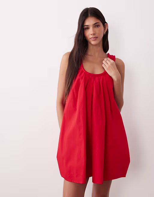 poplin scoop ruched neck mini sundress in red