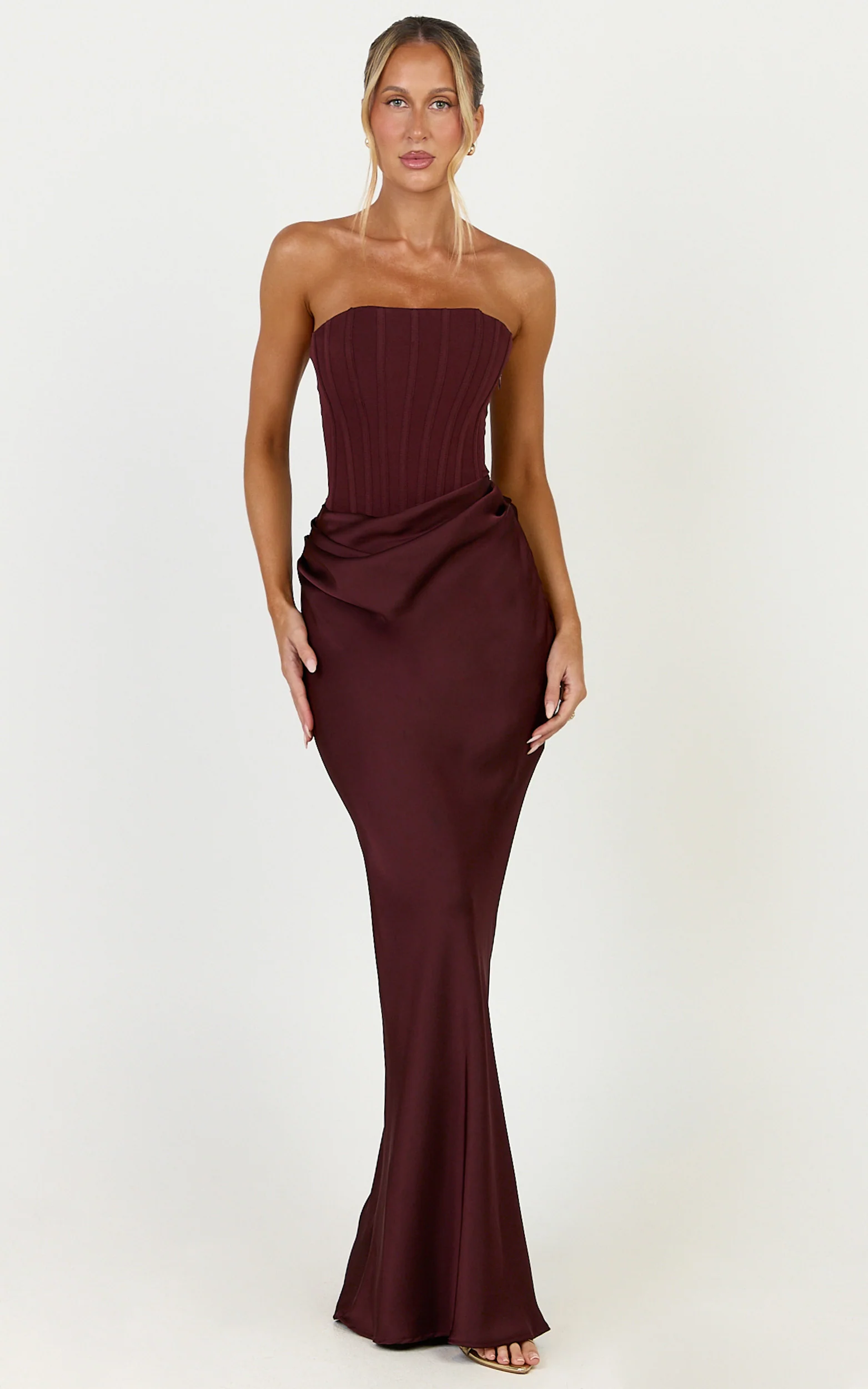 Kailani Maxi Dress - Strapless Corset Bodice Lace Up Back Dress in Chocolate