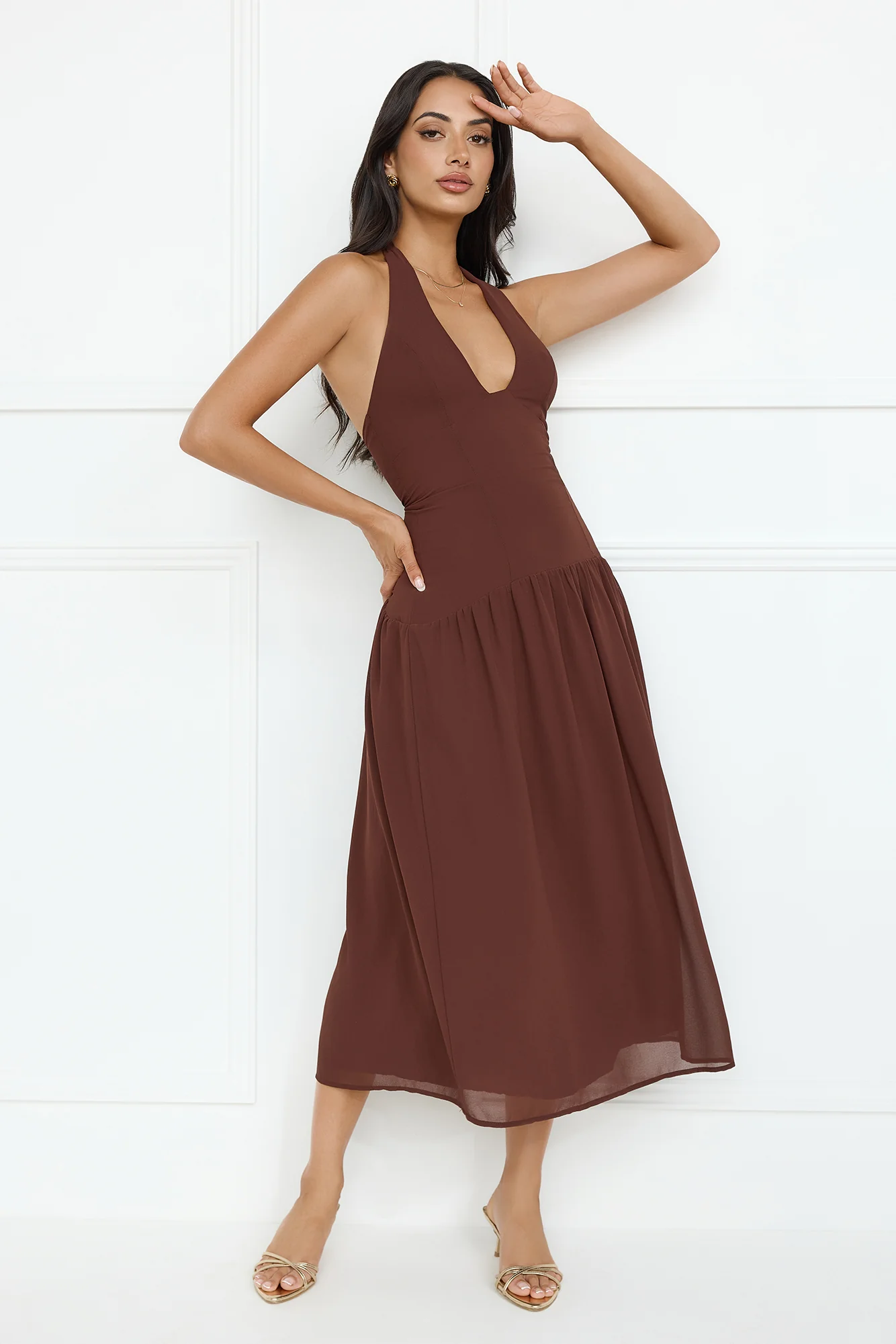 Sassy Style Halter Midi Dress Brown