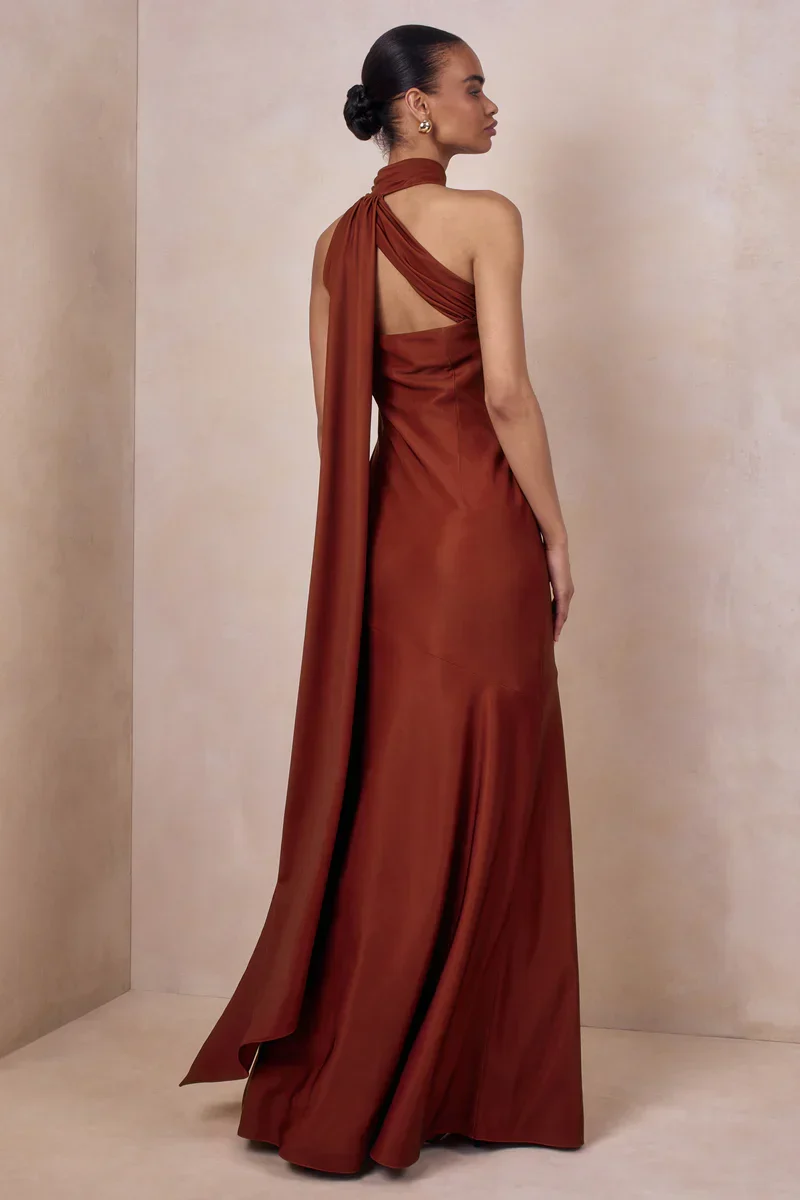 Cara | Rust Satin High-Neck Maxi Dress