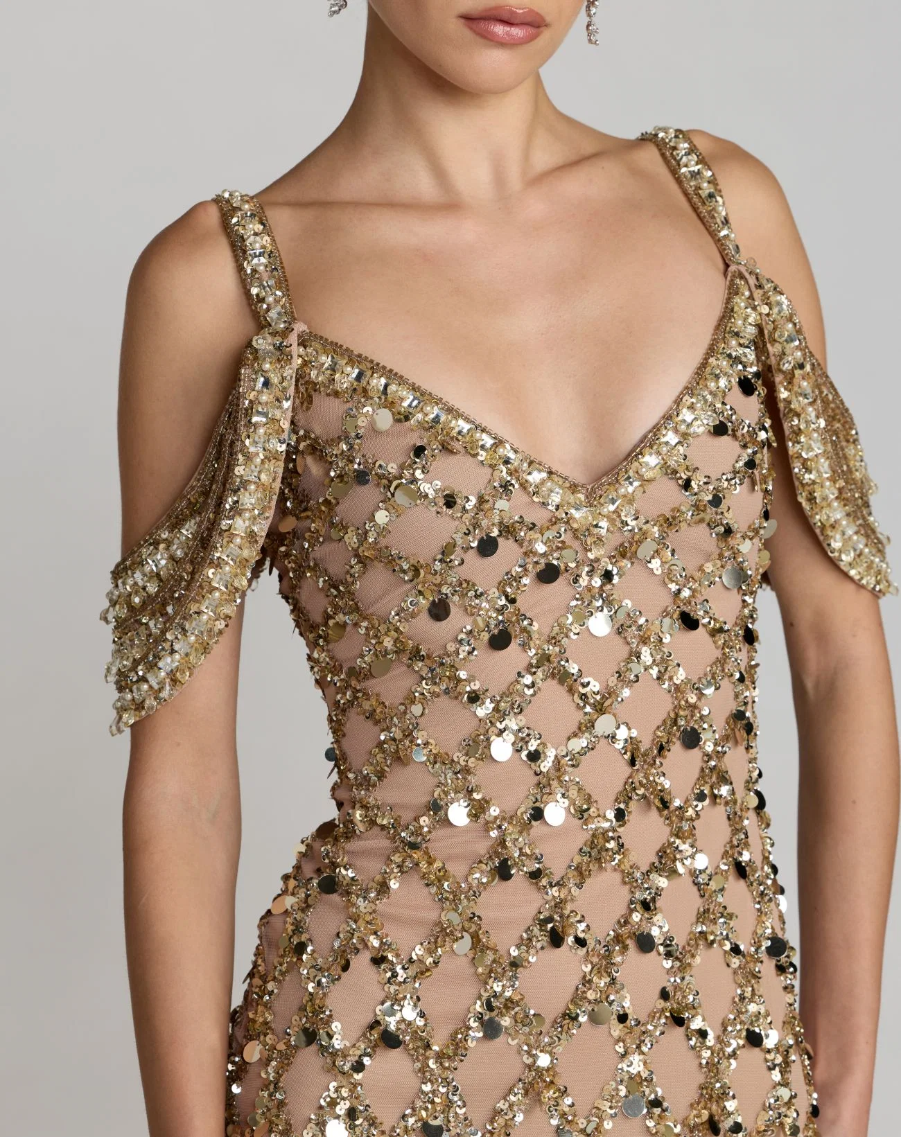 Gold Sequin Embellished V-Neck Gown