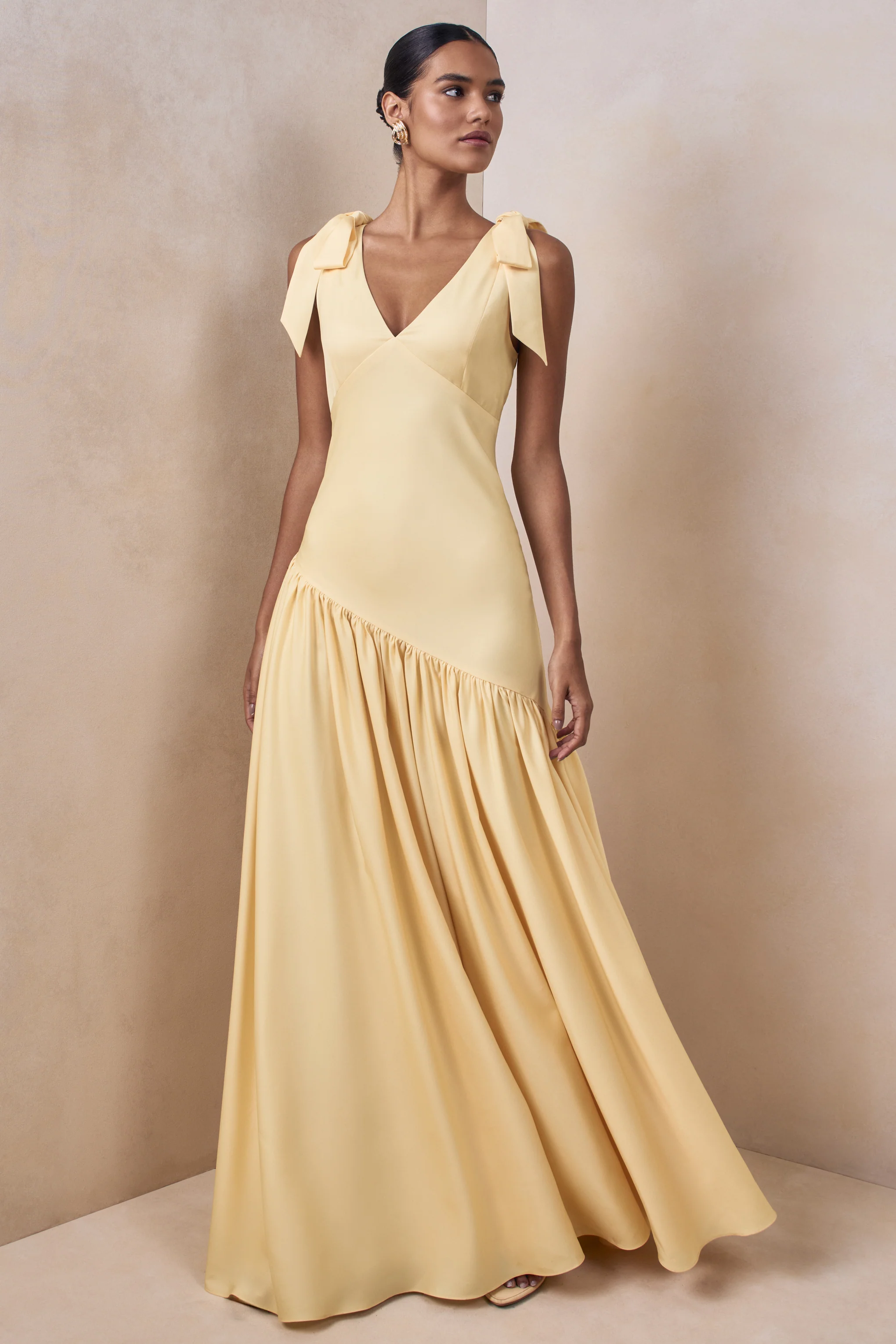 Cala | Lemon Matte Satin Plunge-Neck Maxi Dress With Bow-Sleeves