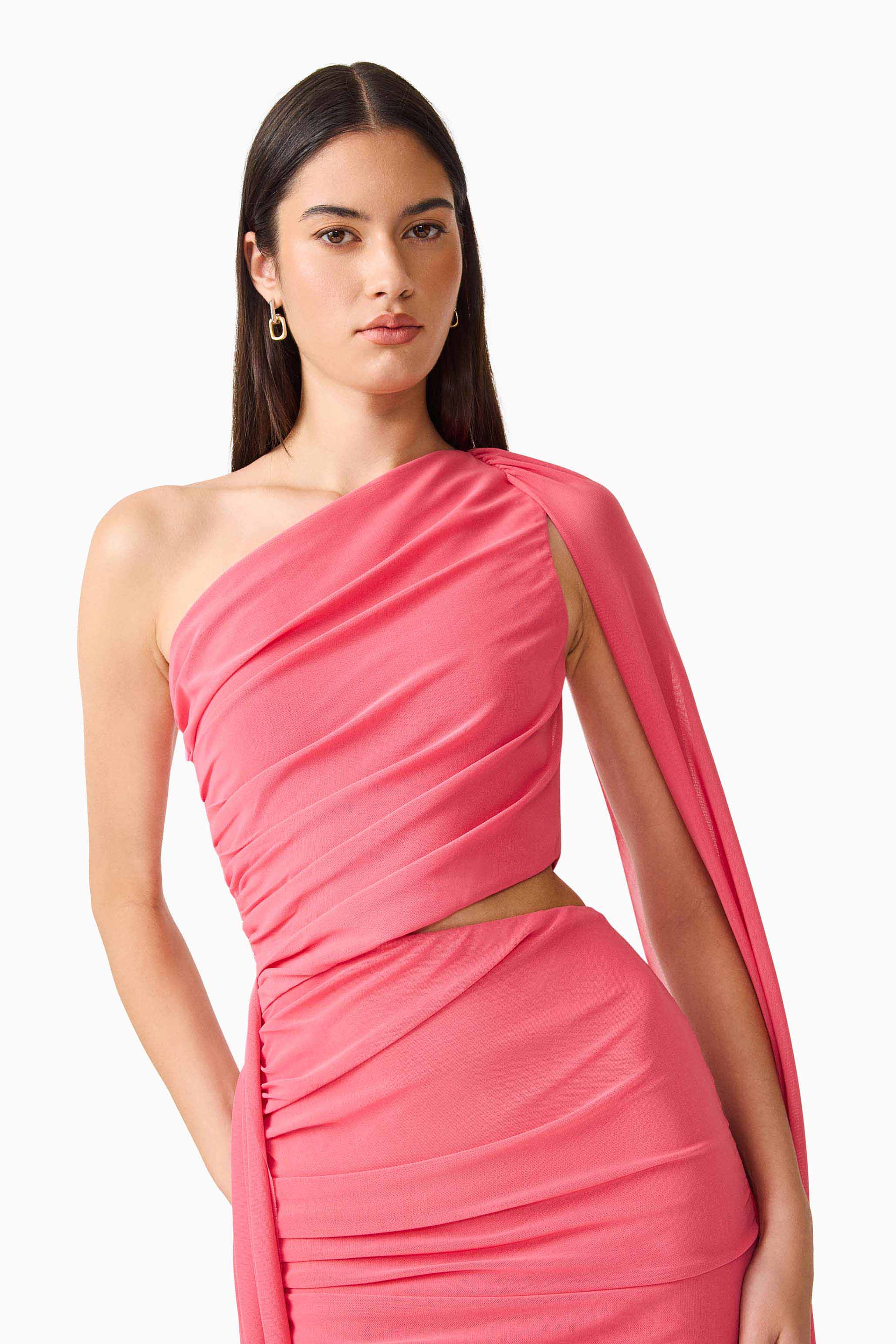 CURAAE Cleo One Shoulder Midi Dress in Pink