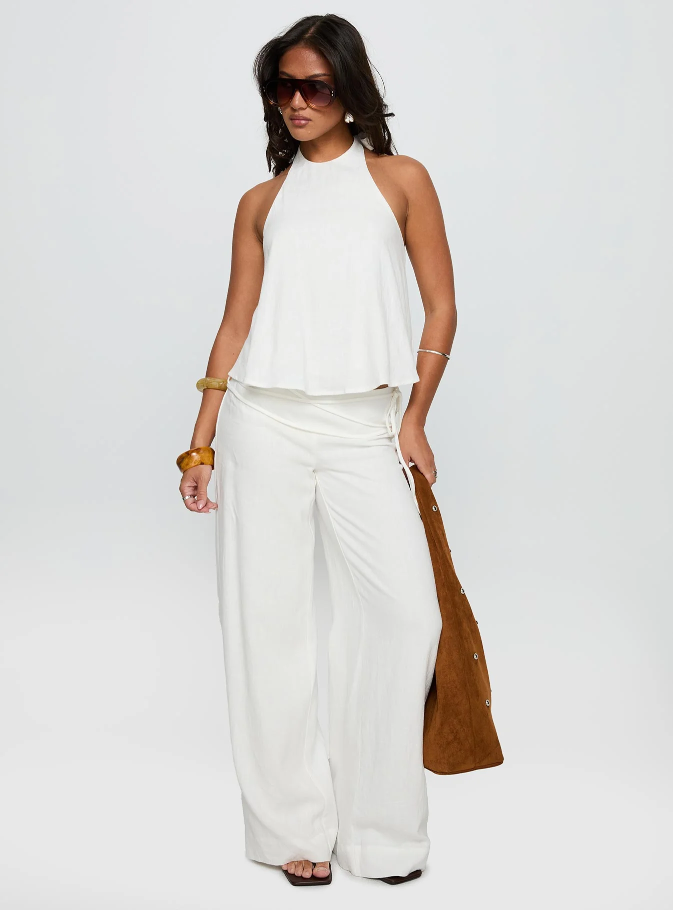 Silver Moon Linen Blend Tie Pants White