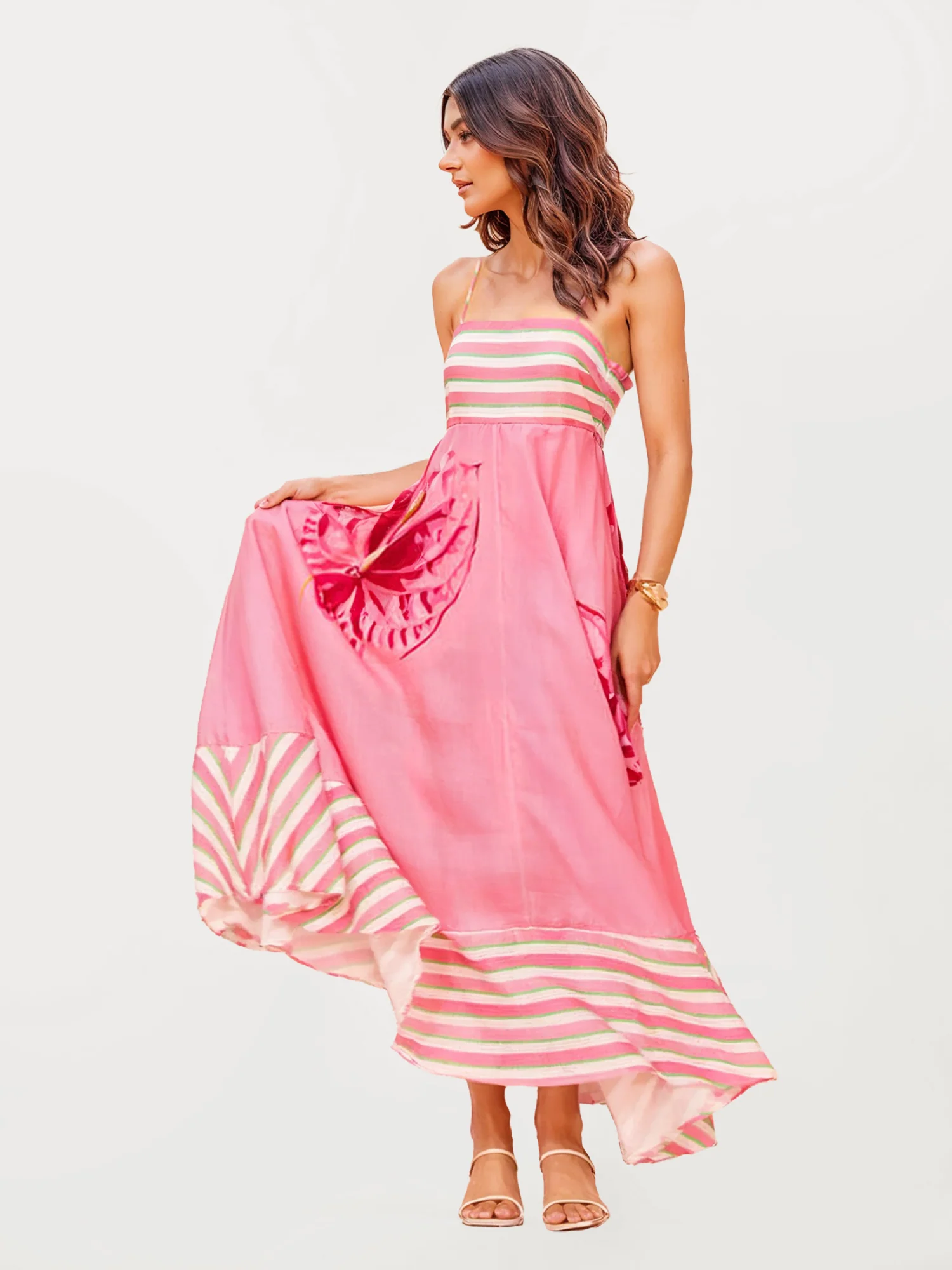 Pink Stripe & Floral Design Midi Dress