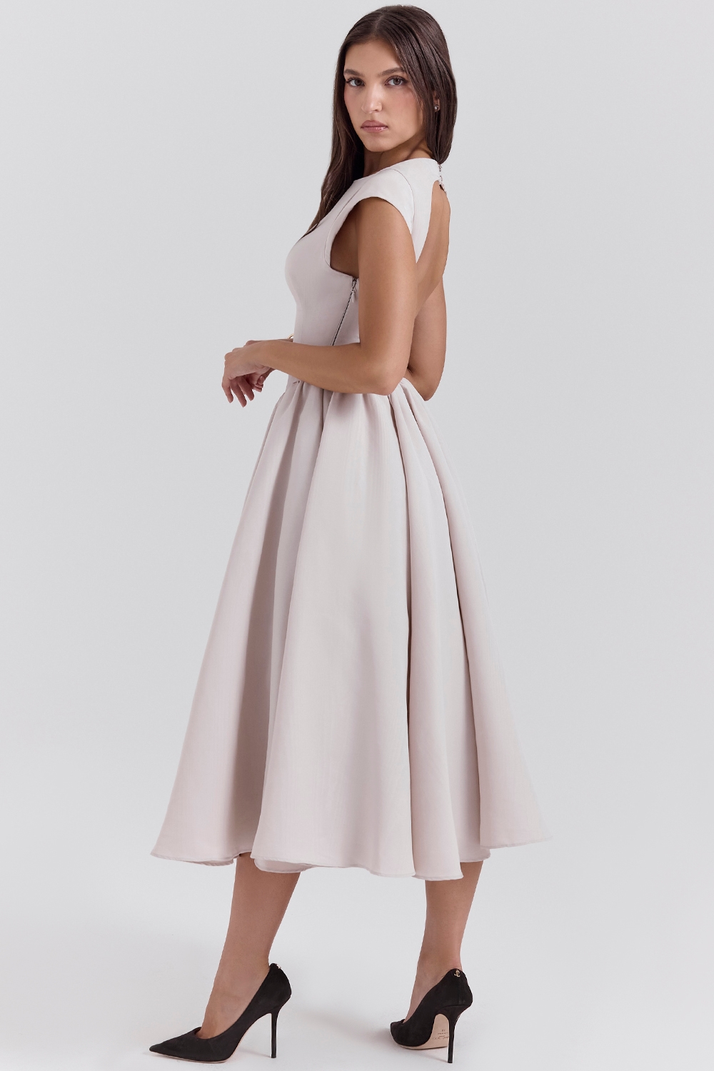 french dove moire satin backless midi dress