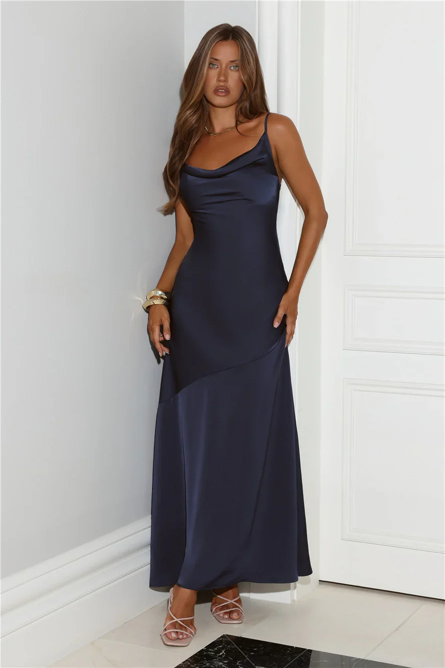 Brilliant Belle Satin Maxi Dress Navy