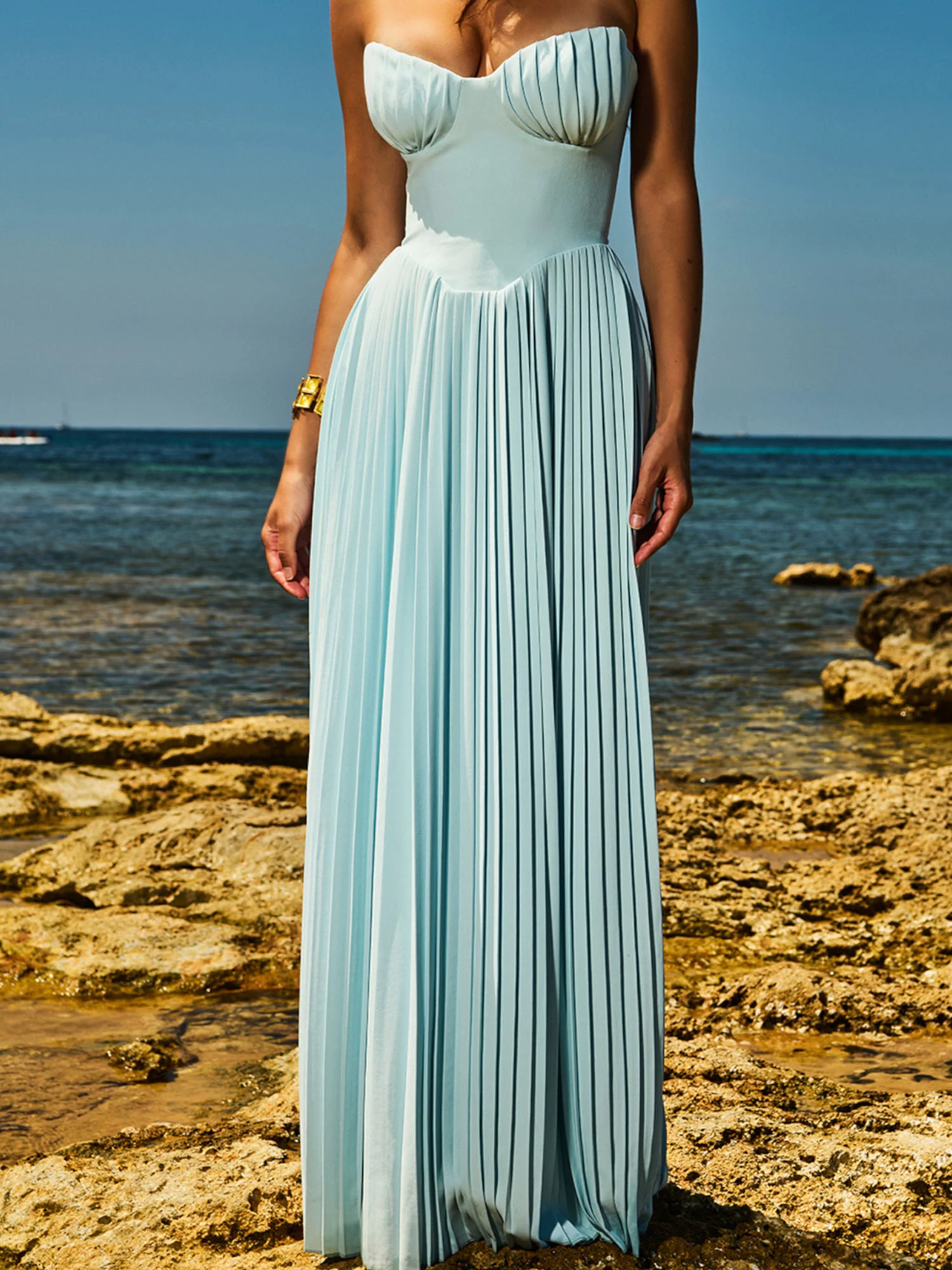 Pleated Strapless Sky Blue Maxi Dress