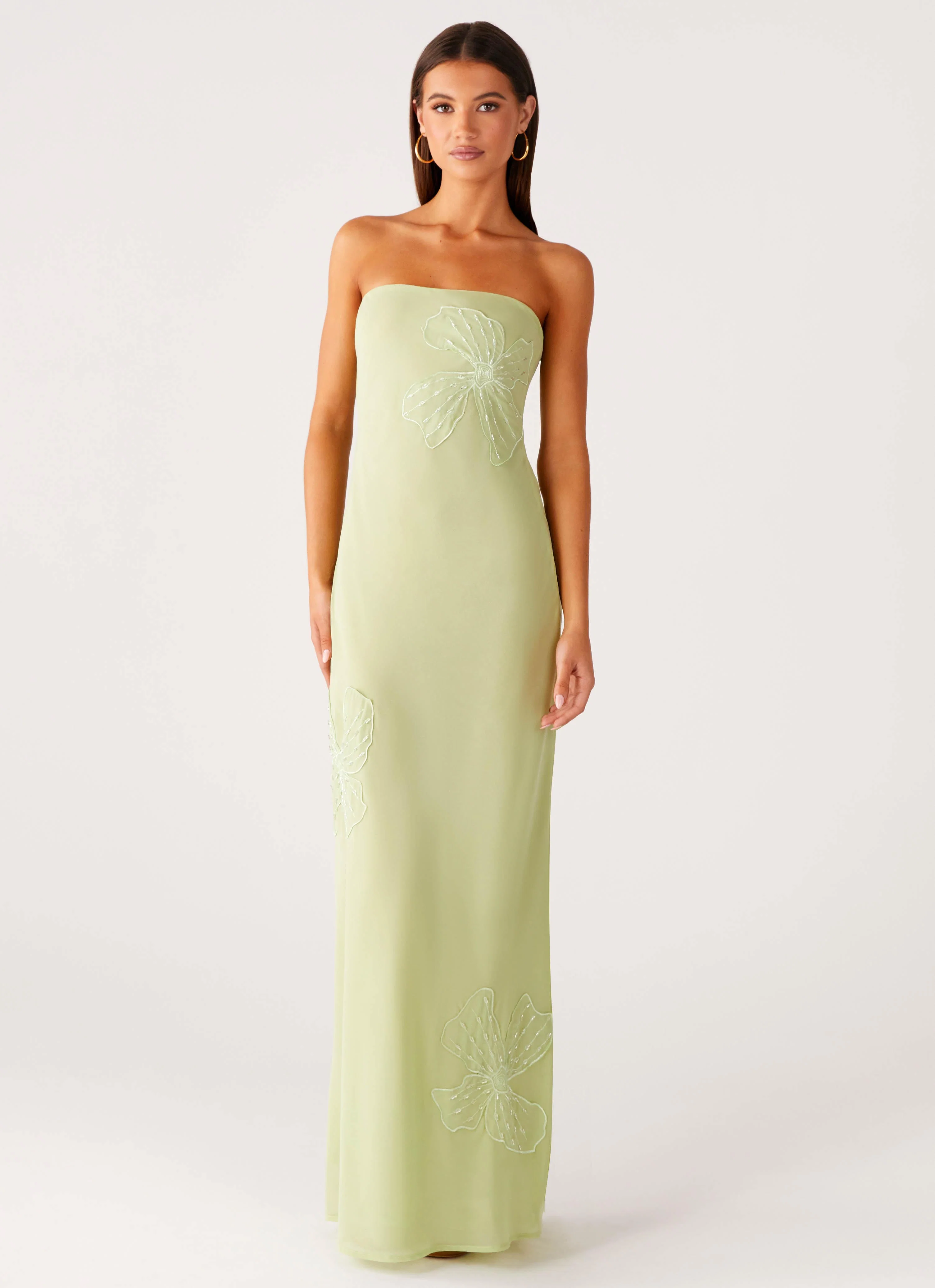 Sassafras Beaded Flower Strapless Maxi Dress - Lime