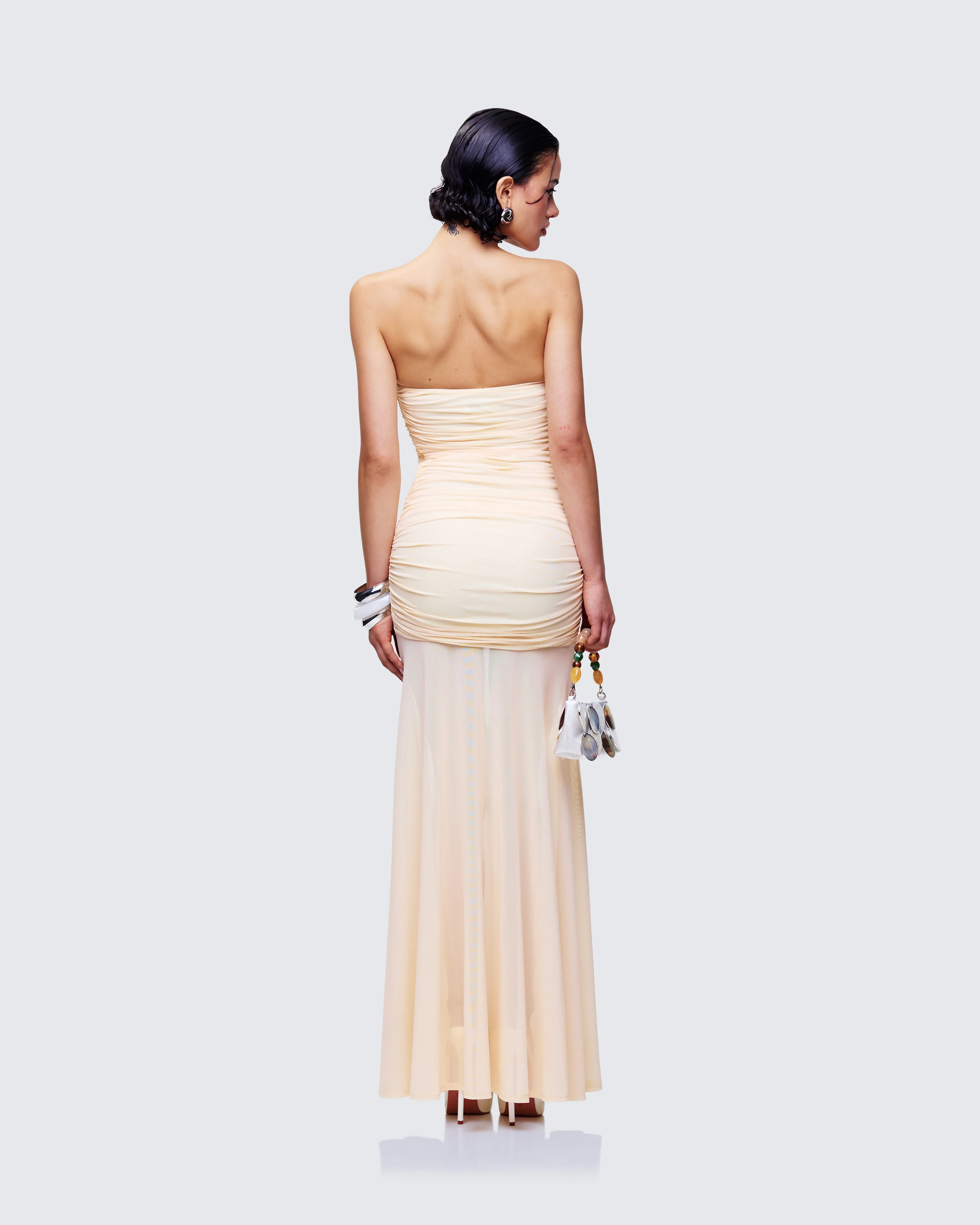 Zea Yellow Ruched Mesh Maxi Dress