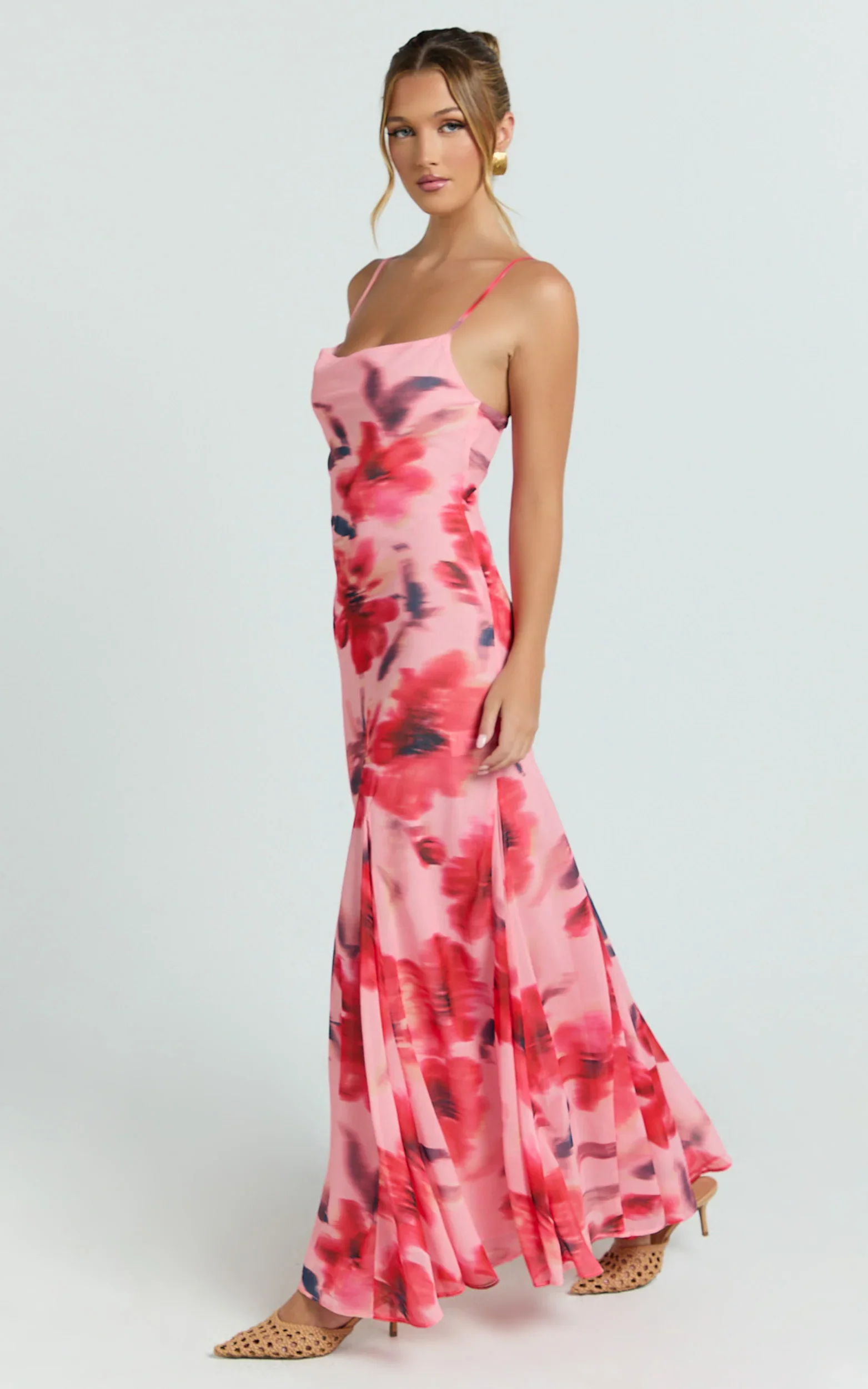 Claudia Maxi Dress - Floral Cowl Neck Godet Dress in Pink Floral