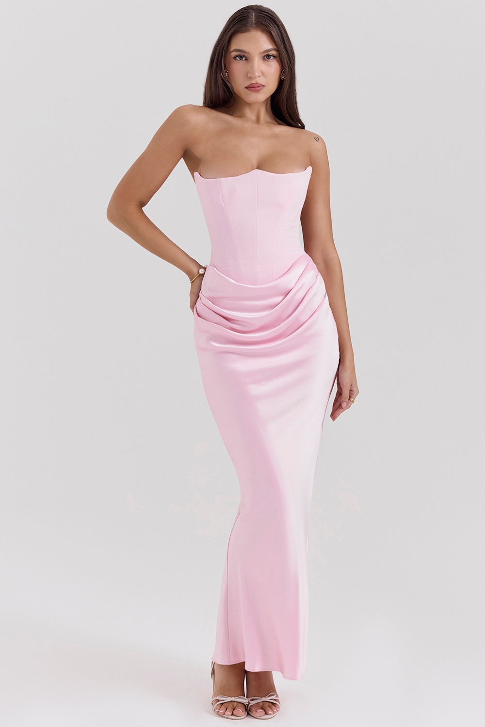 rose shadow strapless corset maxi dress