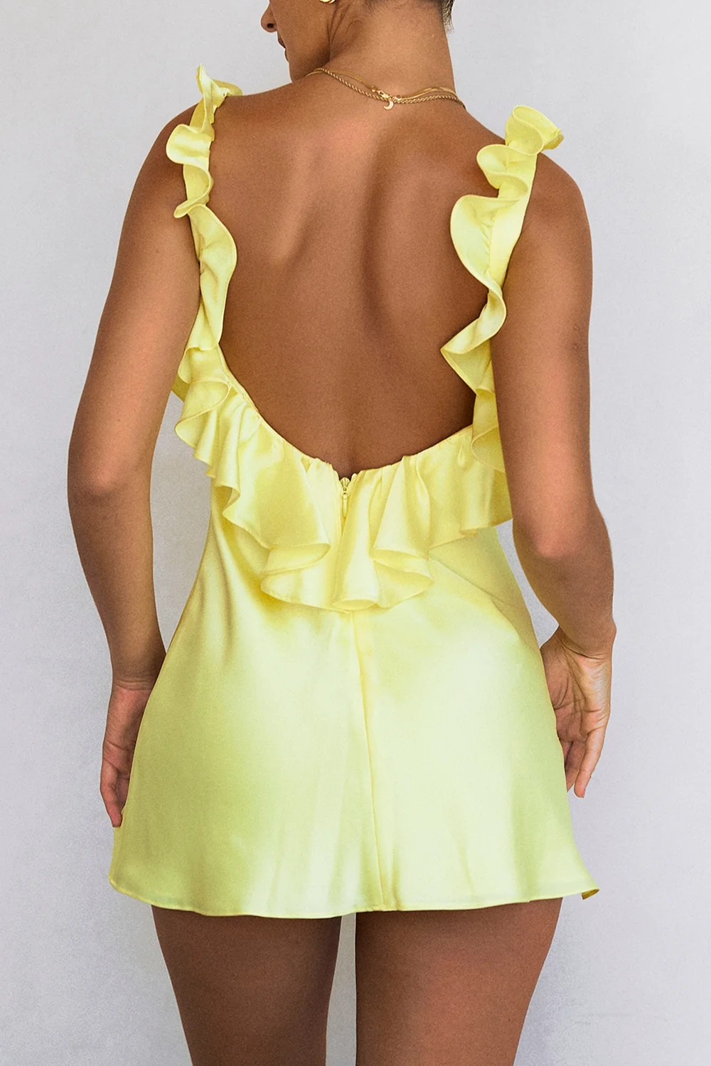 buttercup satin ruffle mini dress