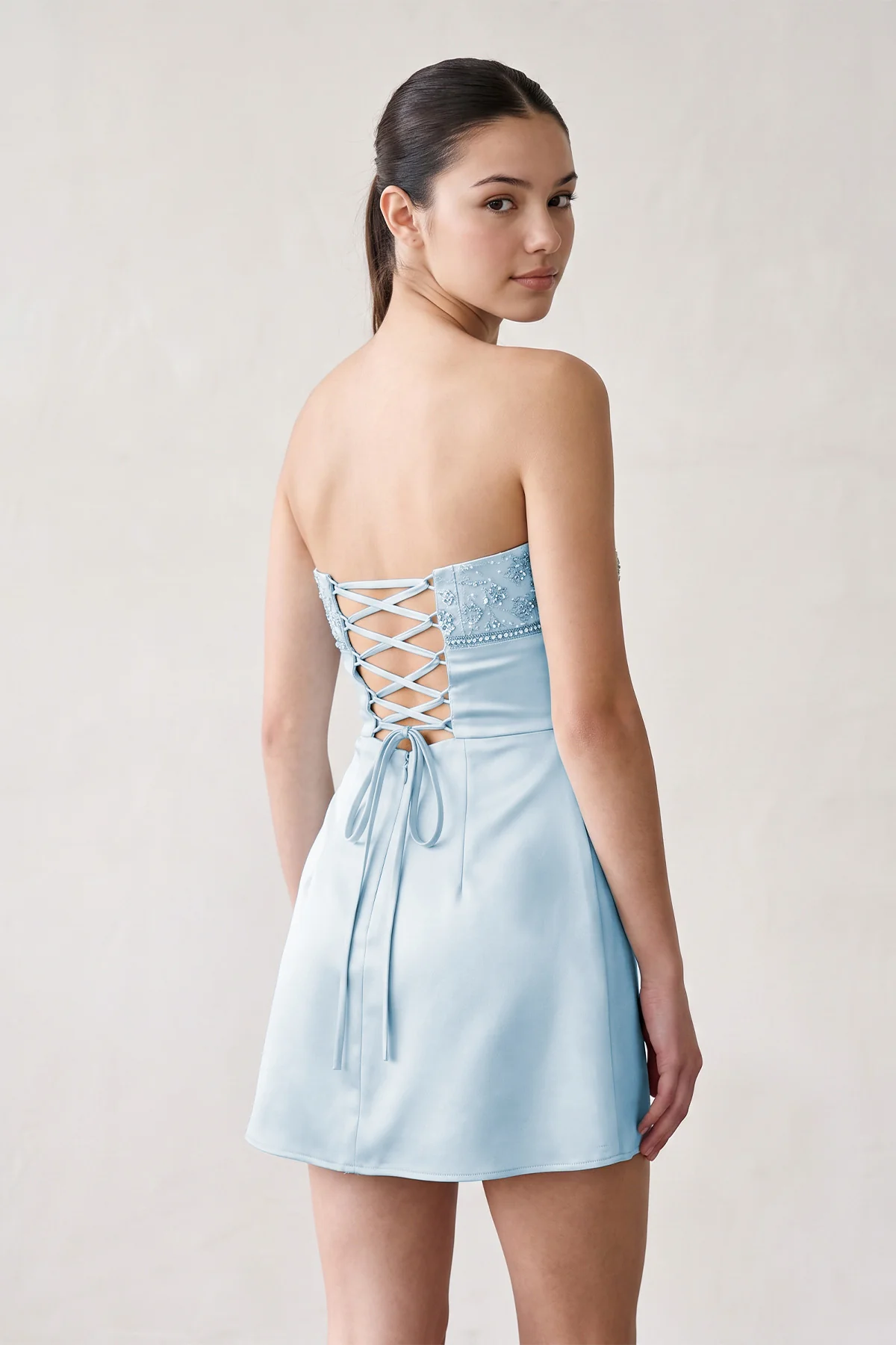 Aqua Strapless Appliqued Satin Sheath Homecoming Dress