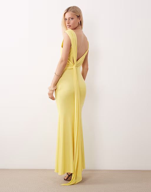 backless detail mesh maxi dress with train sash in lemon