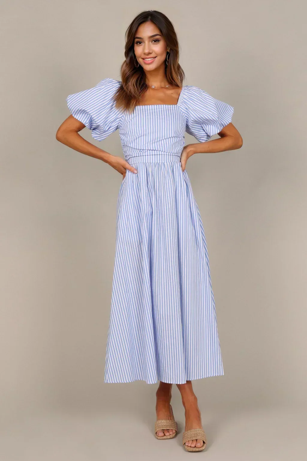 Clo Puff Sleeve Maxi Dress - Blue Stripe - luluinthesky