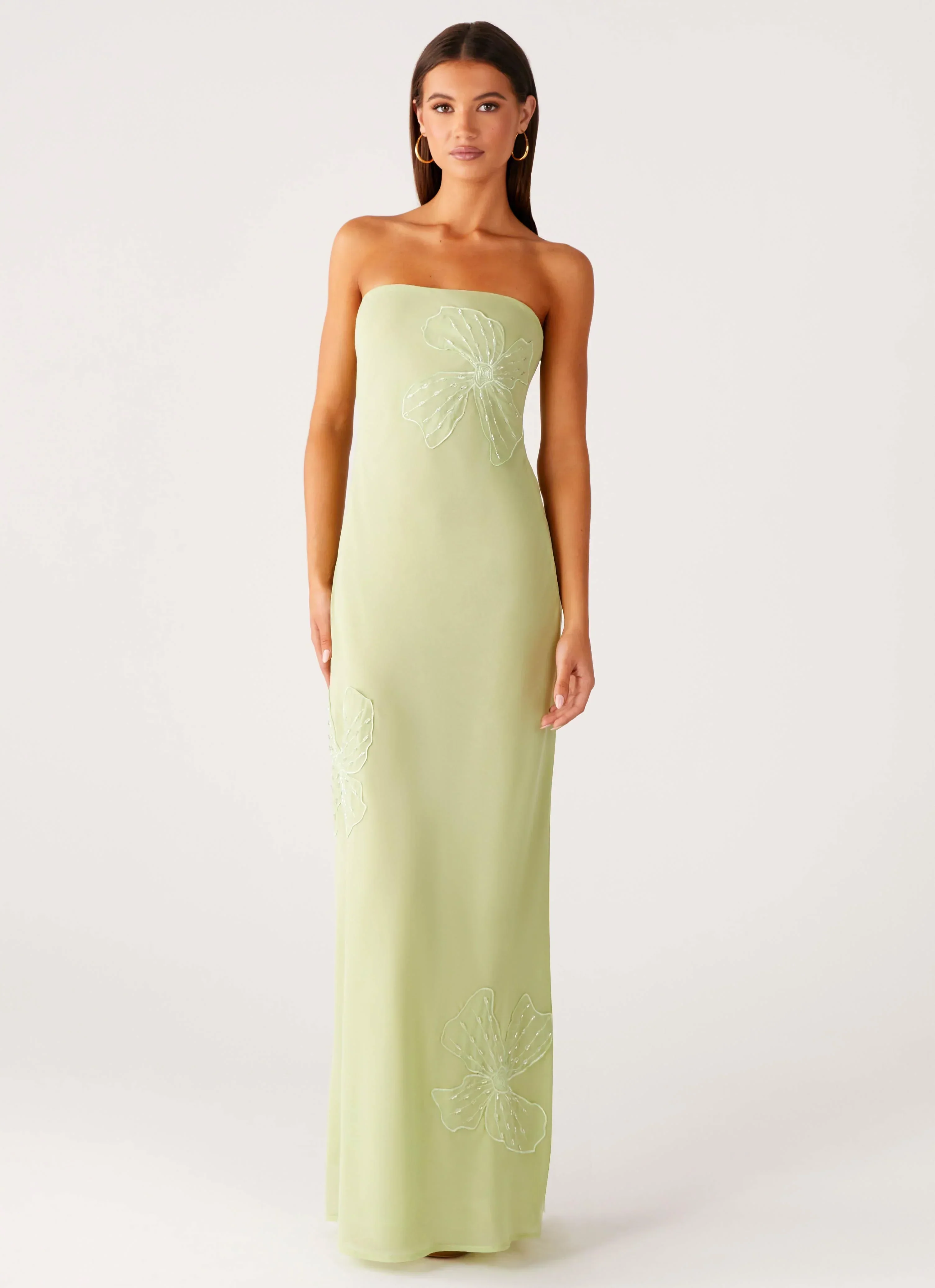 Sassafras Beaded Flower Strapless Maxi Dress - Lime - luluinthesky
